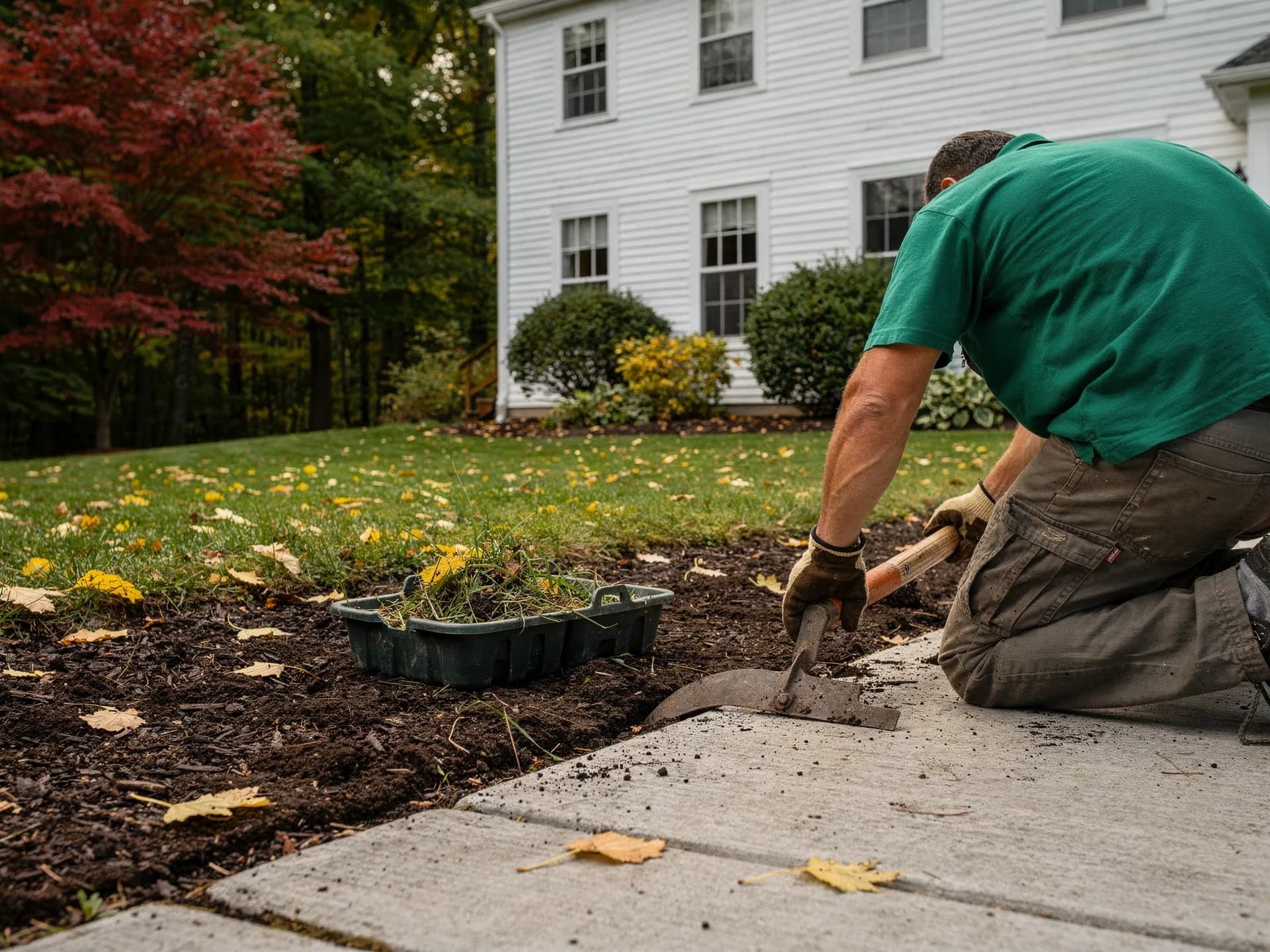 A landscaper in a green shirt and work gloves kneels on a front walk cutting the edge of a mulched bed, a tub of trimmings beside him and a white colonial behind.