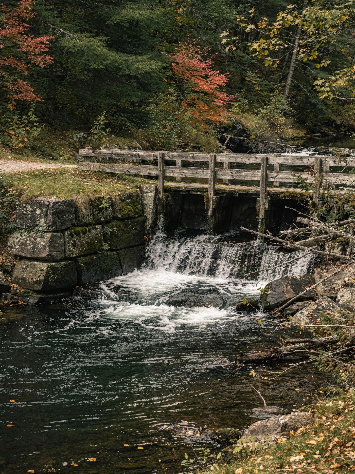 A small river spills over an old stone dam under a wooden footbridge into a dark pool in the woods.