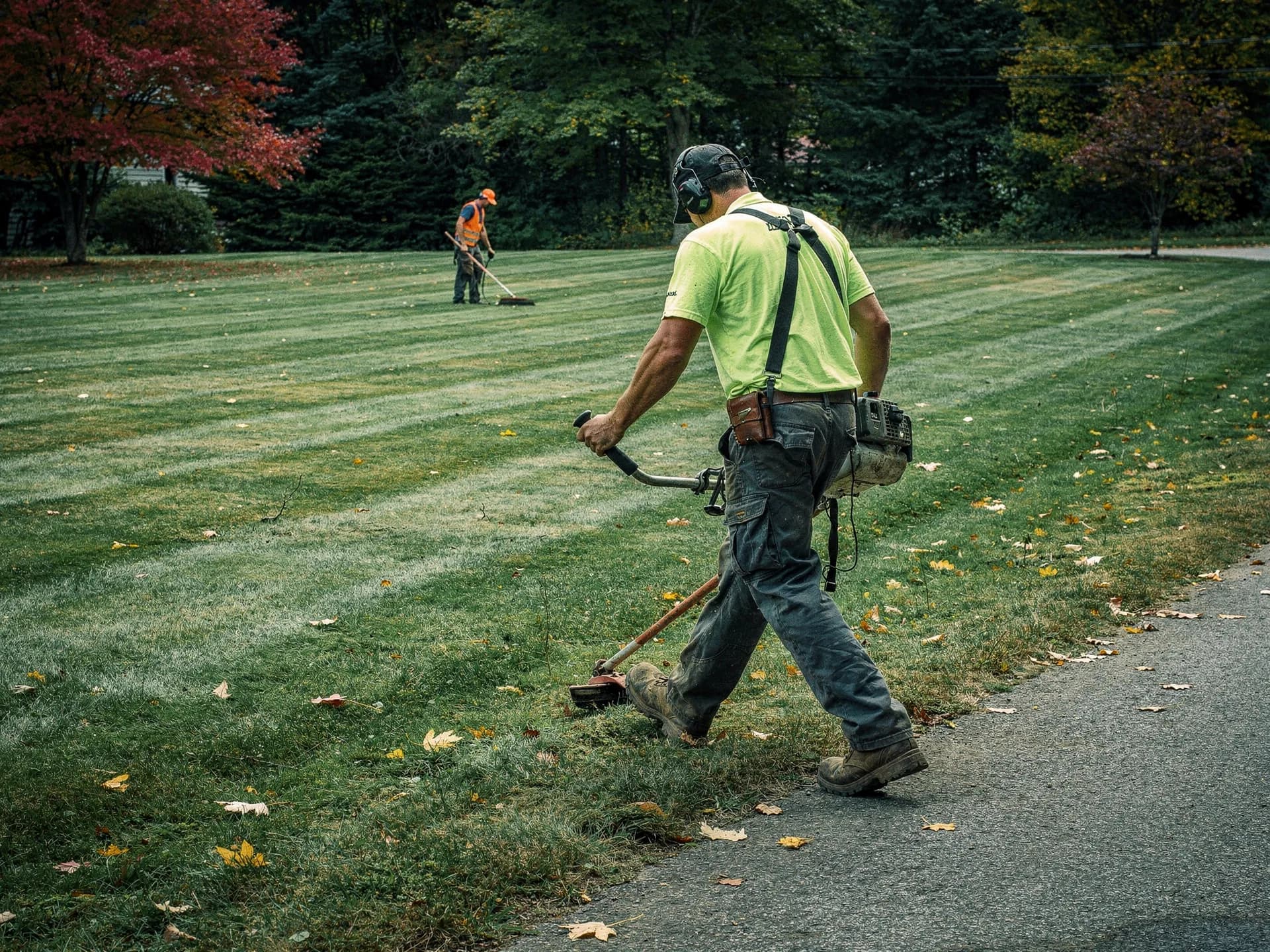 A lawn-crew owner in a hi-vis lime shirt, cap and ear defenders walks a string trimmer along the edge of a striped lawn while a helper rakes far behind.