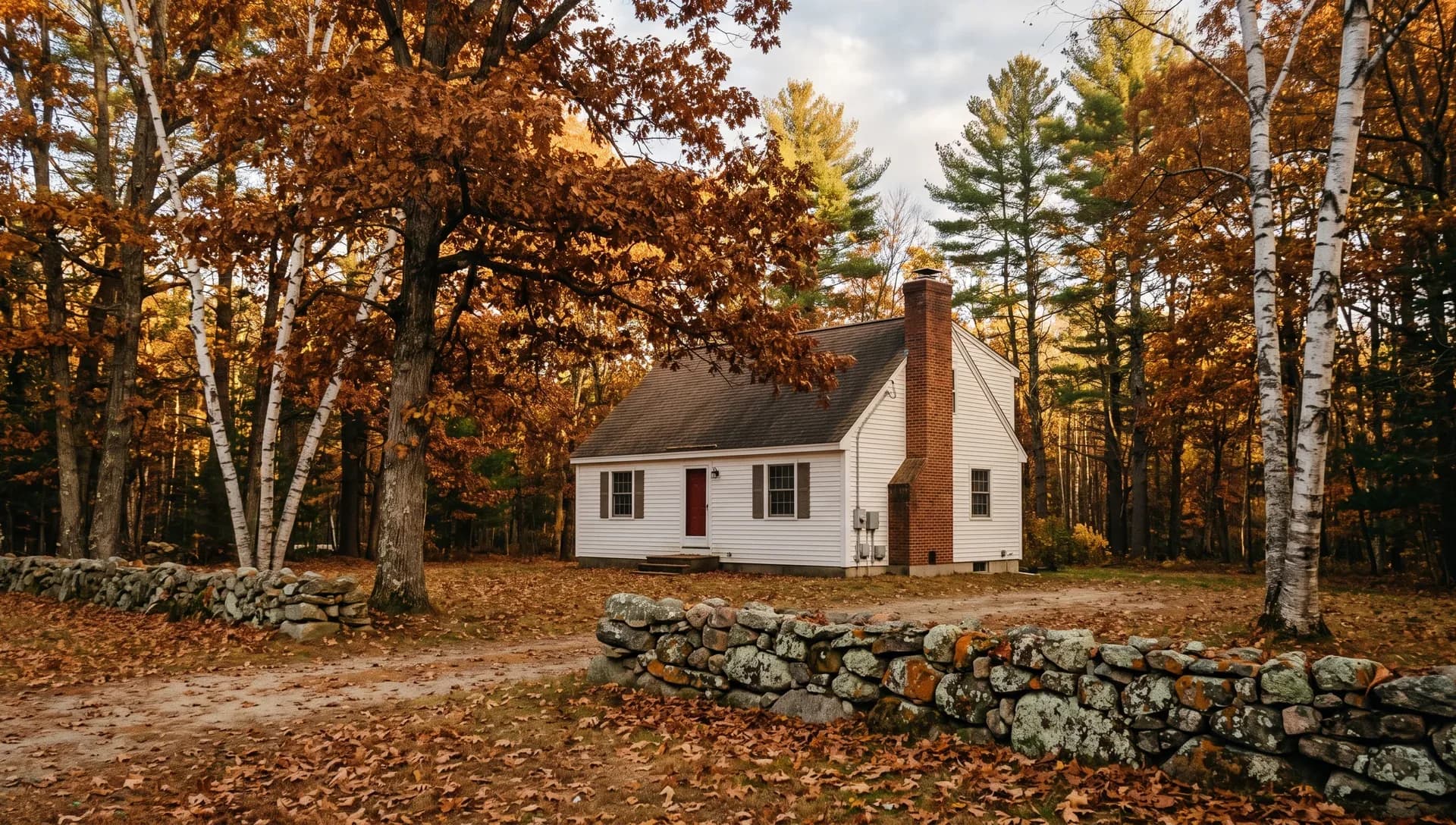 A white Cape house with a red door and a brick chimney stands in a clearing of birches, oaks and pines, a fieldstone wall and fallen leaves in front.