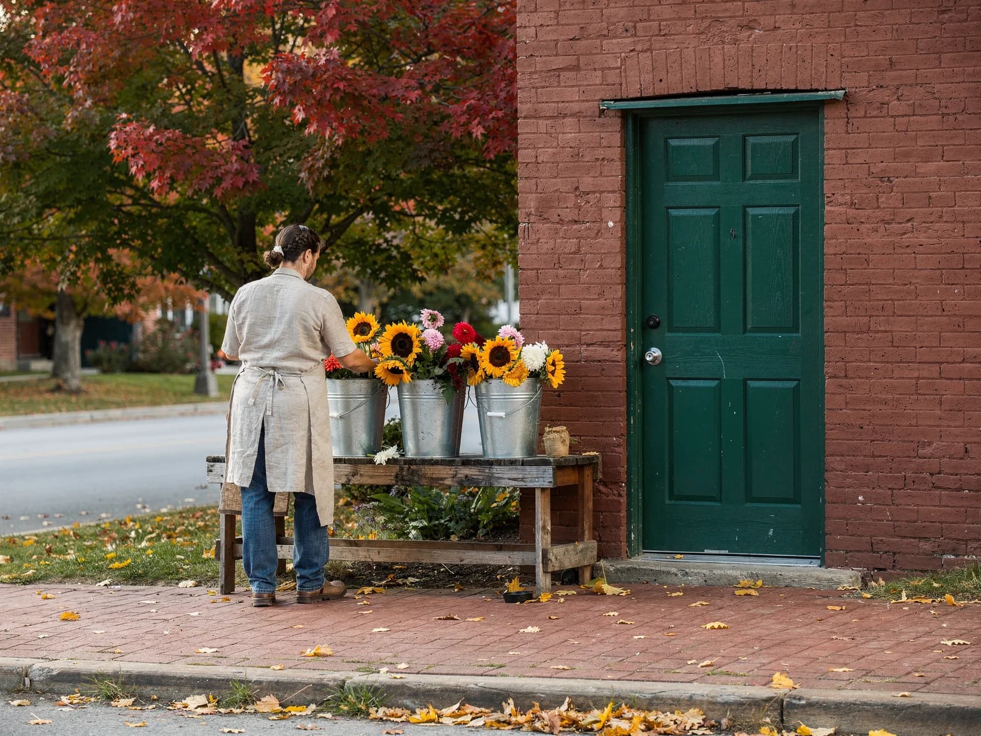 A florist in a linen apron arranges sunflowers and dahlias in three galvanized buckets on a wooden bench outside a brick building with a green door.