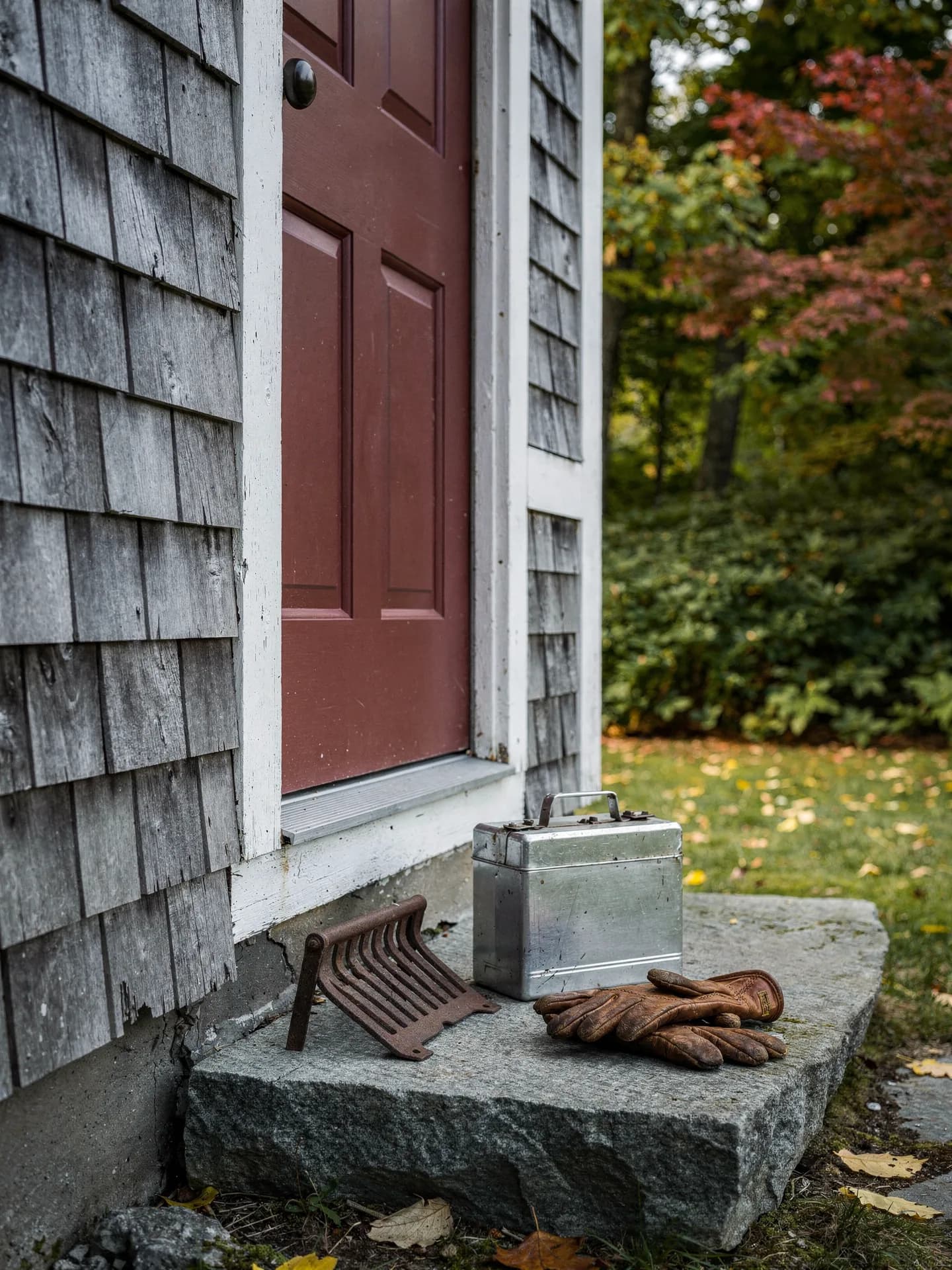 A steel lunch pail, a pair of leather work gloves and an iron boot scraper rest on the granite step of a shingled house with a dark red door.