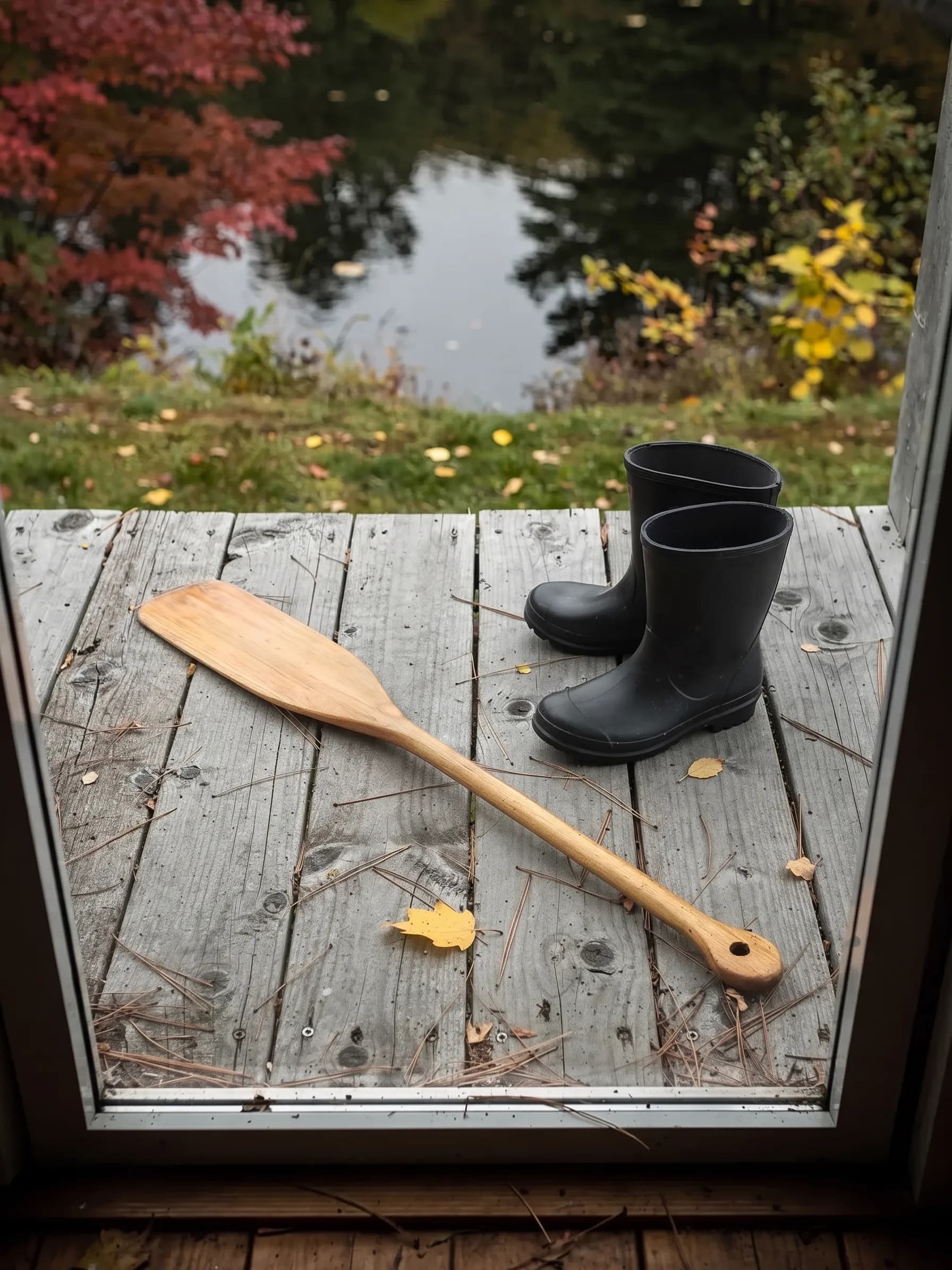 Through an open doorway, a canoe paddle and black rubber boots lie on a weathered dock above a still pond.