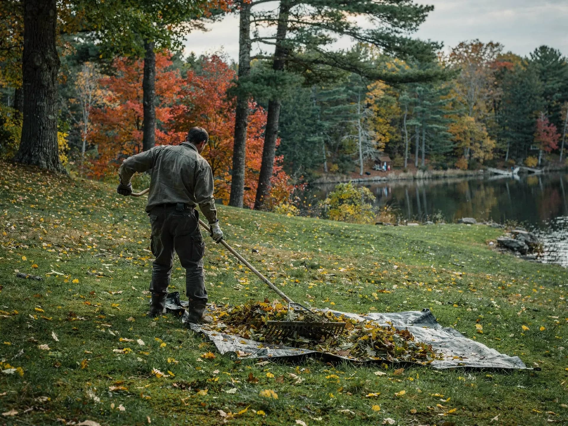 A worker rakes leaves onto a tarp on a sloping lawn above a still lake ringed by pines and red maples.