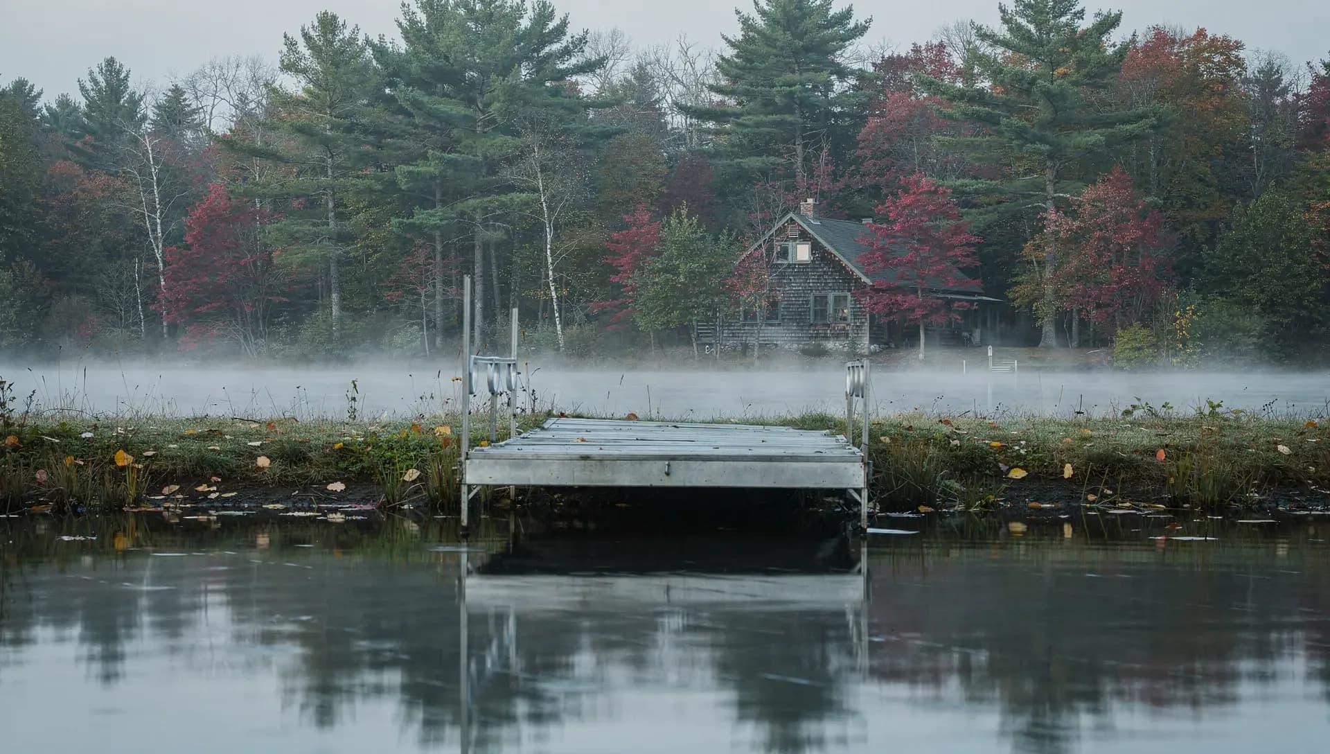 A short dock rests at the edge of a misty lake, with a shingled cottage among pines on the far shore.