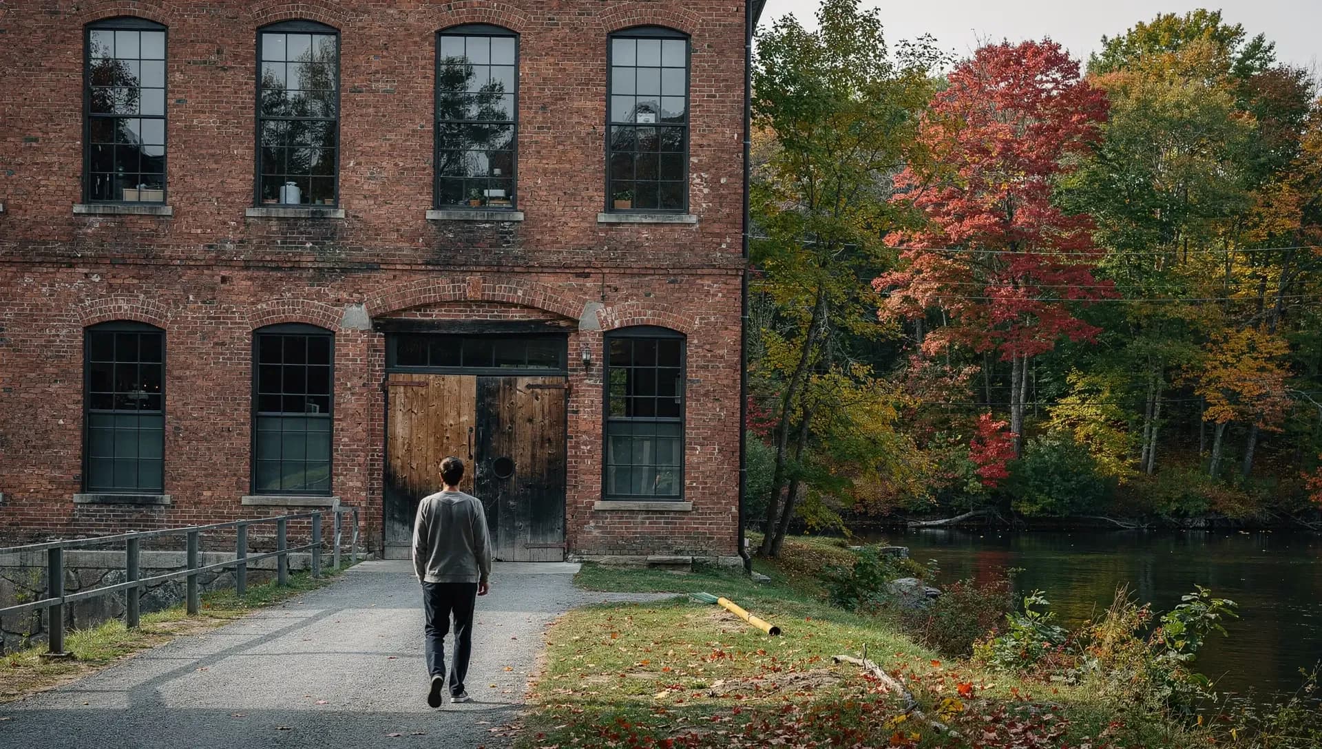 A man walks a gravel lane toward the tall wooden doors of a red-brick mill beside a river.
