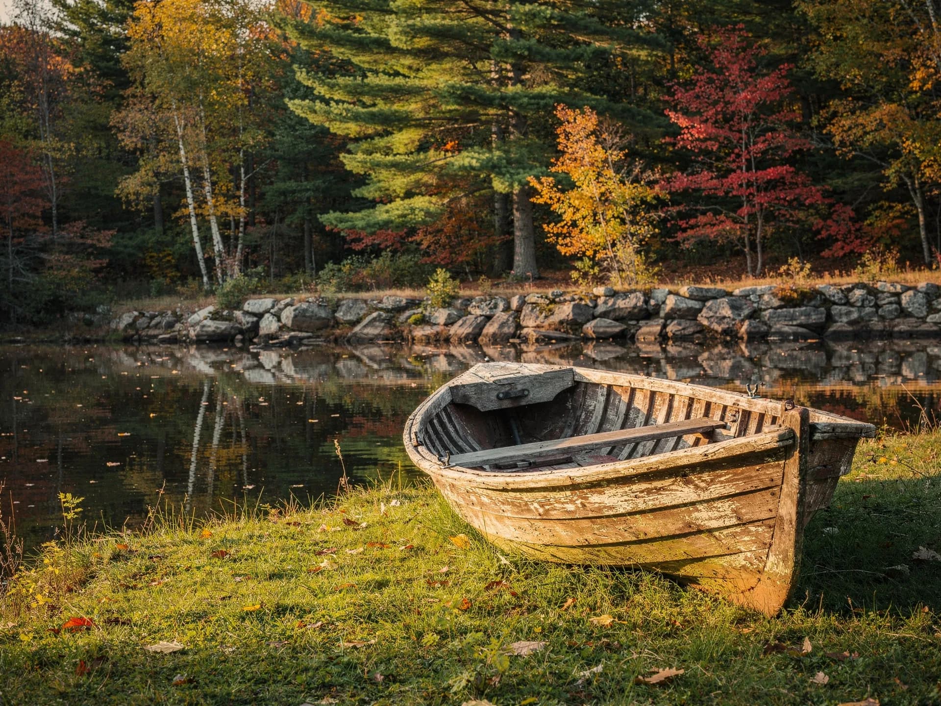 A weathered wooden rowboat rests on the grass at the edge of a still pond, pines and a stone wall behind.