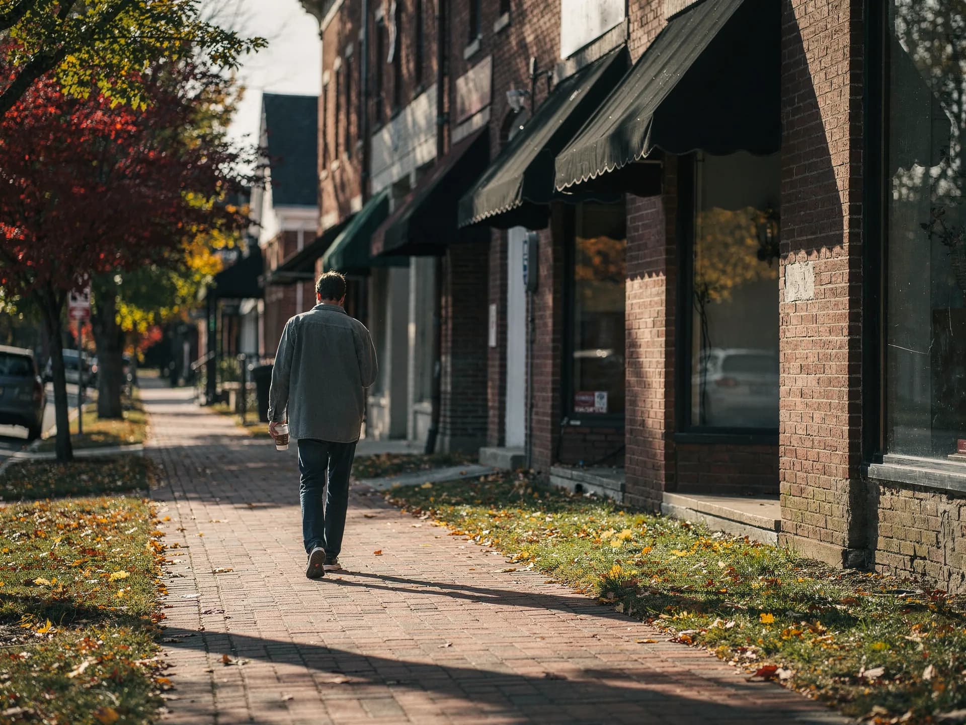 A man with a coffee walks a brick sidewalk past a row of red-brick storefronts with dark awnings.