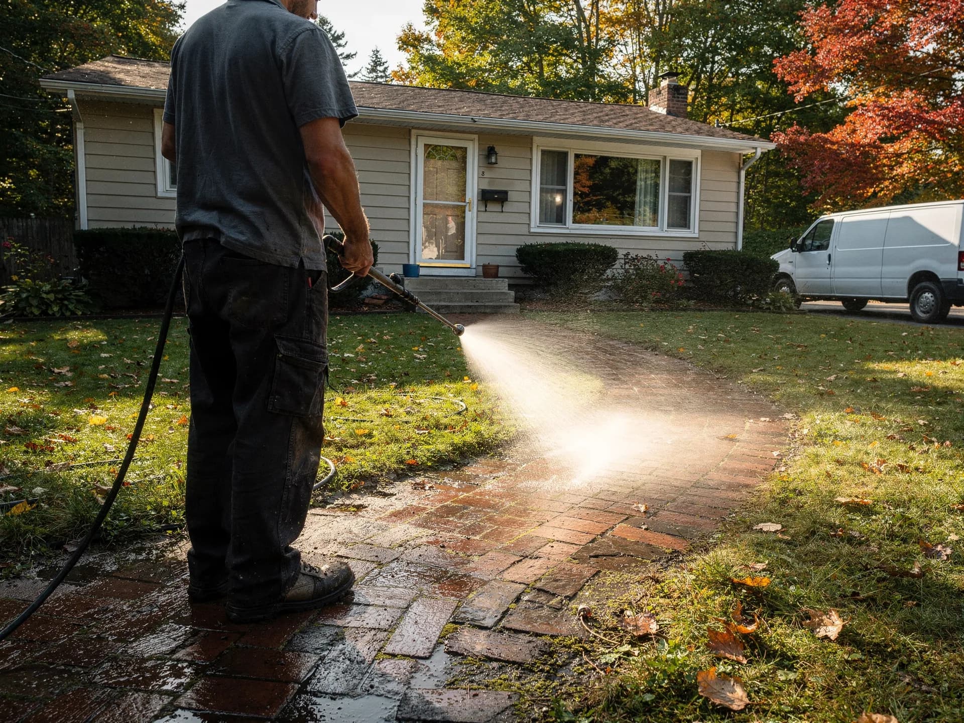 A worker in a grey shirt pressure-washes the brick front walk of a ranch house, a white van at the curb.