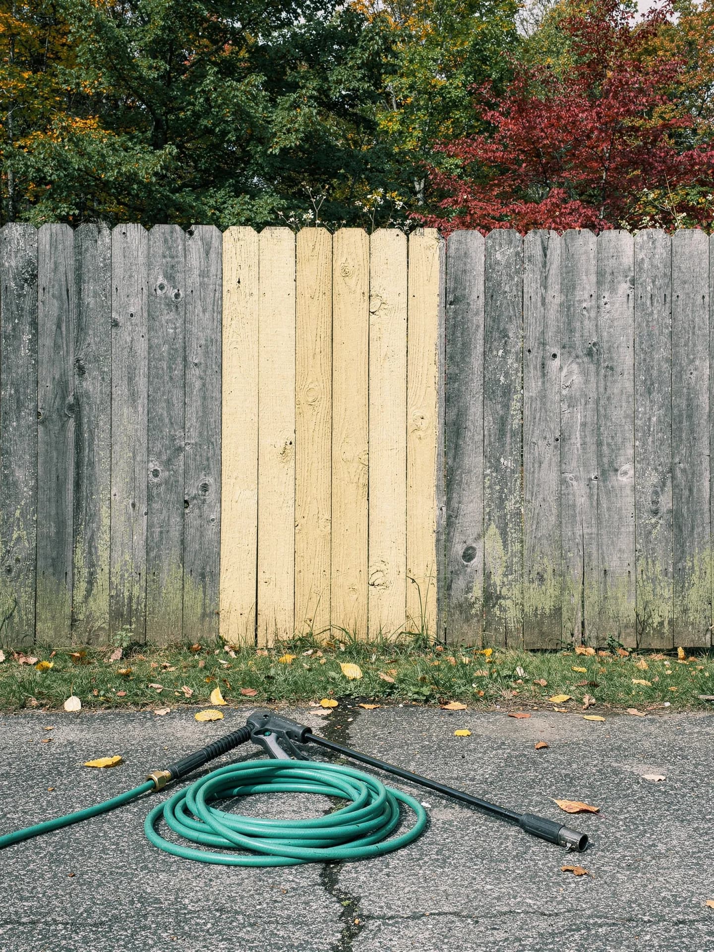 A coiled green garden hose and a pressure-washer wand lie on a driveway beside a wooden fence, one freshly cleaned pale section among the weathered grey boards.