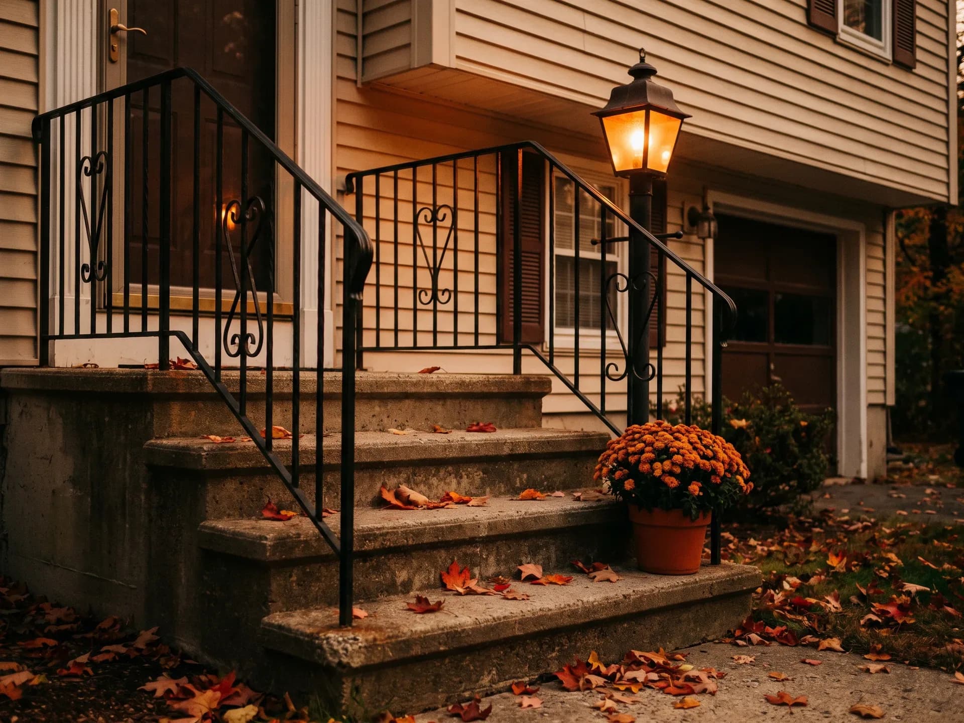Concrete front steps with black iron railings lead up to a front door, a lit post lantern and a pot of orange mums beside them, fallen leaves on the steps at dusk.
