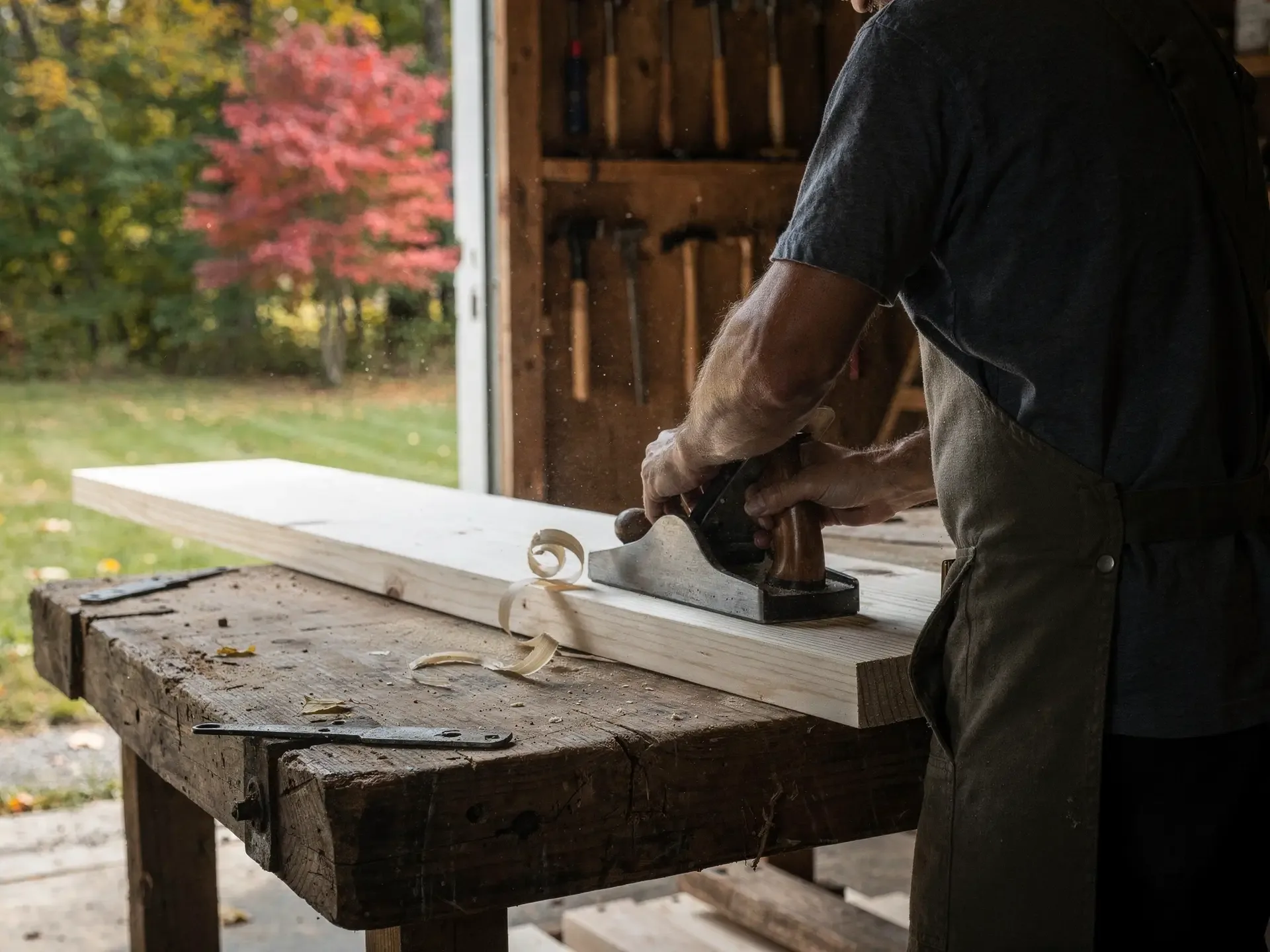A woodworker in a canvas apron pushes a hand plane along a pine board in a barn workshop, shavings curling on the bench.
