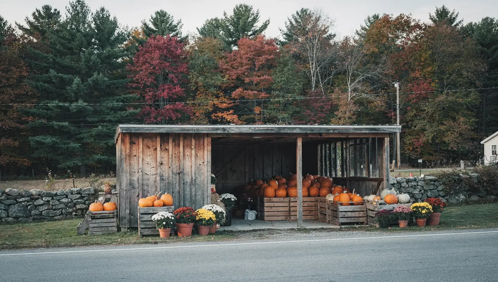 A weathered farm stand piled with pumpkins and potted mums sits beside a road under pines and red maples.