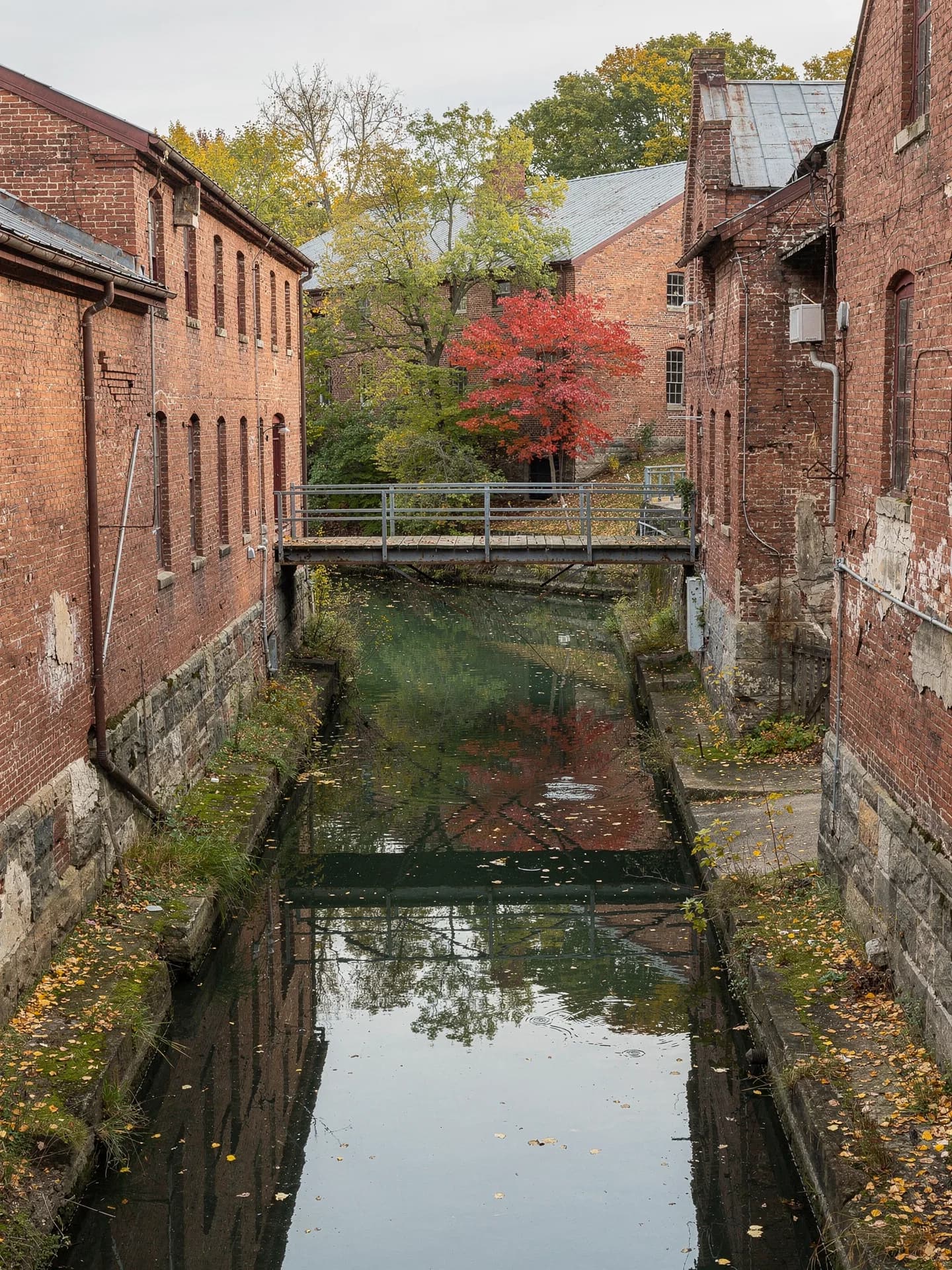 A narrow canal runs between red-brick mill walls under an iron footbridge, the still water reflecting a red maple.