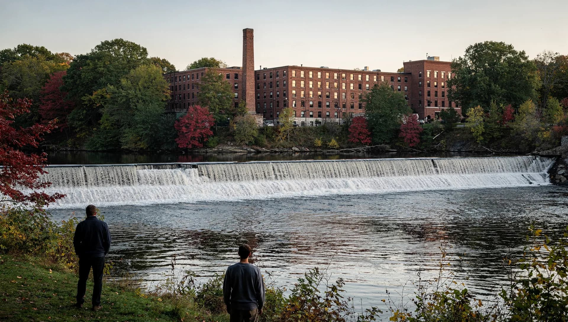 A long granite dam crosses a wide river toward brick mills and a tall chimney, two people watching from the near bank.