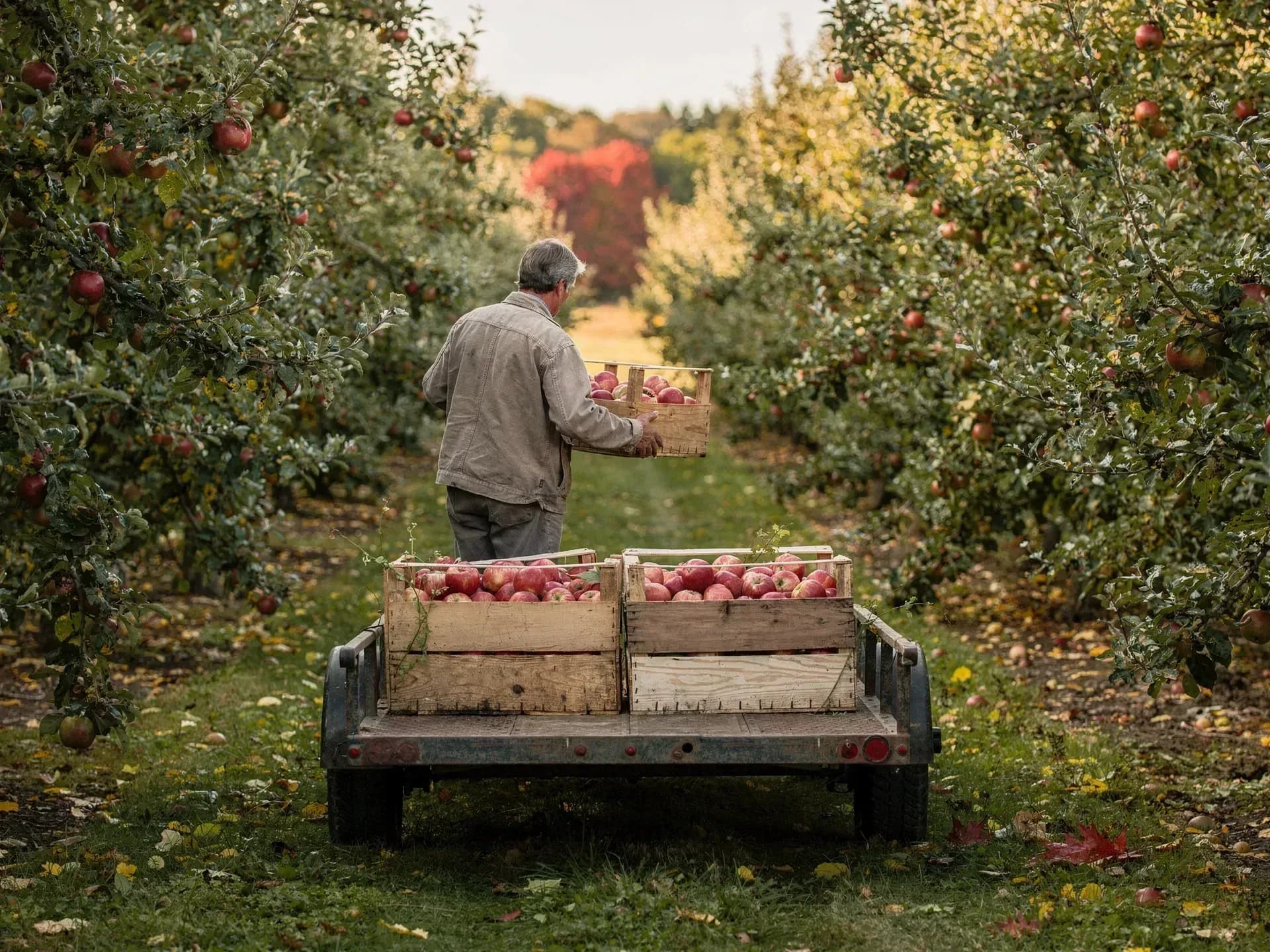 An orchard worker in a canvas jacket carries a crate of red apples down a row toward a flat trailer holding two more full crates.