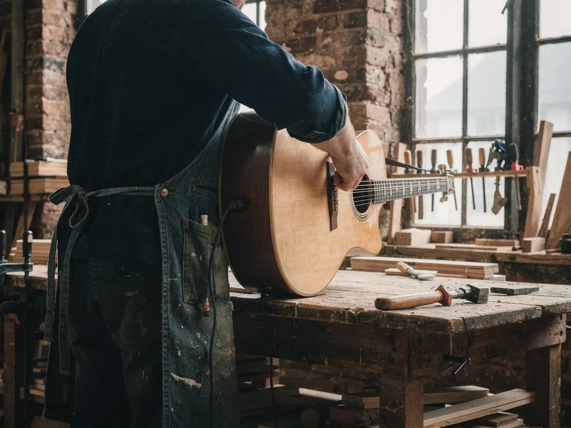 A guitar maker in a denim apron works at the soundhole of an acoustic guitar on a worn bench, chisels racked under a tall mill window.