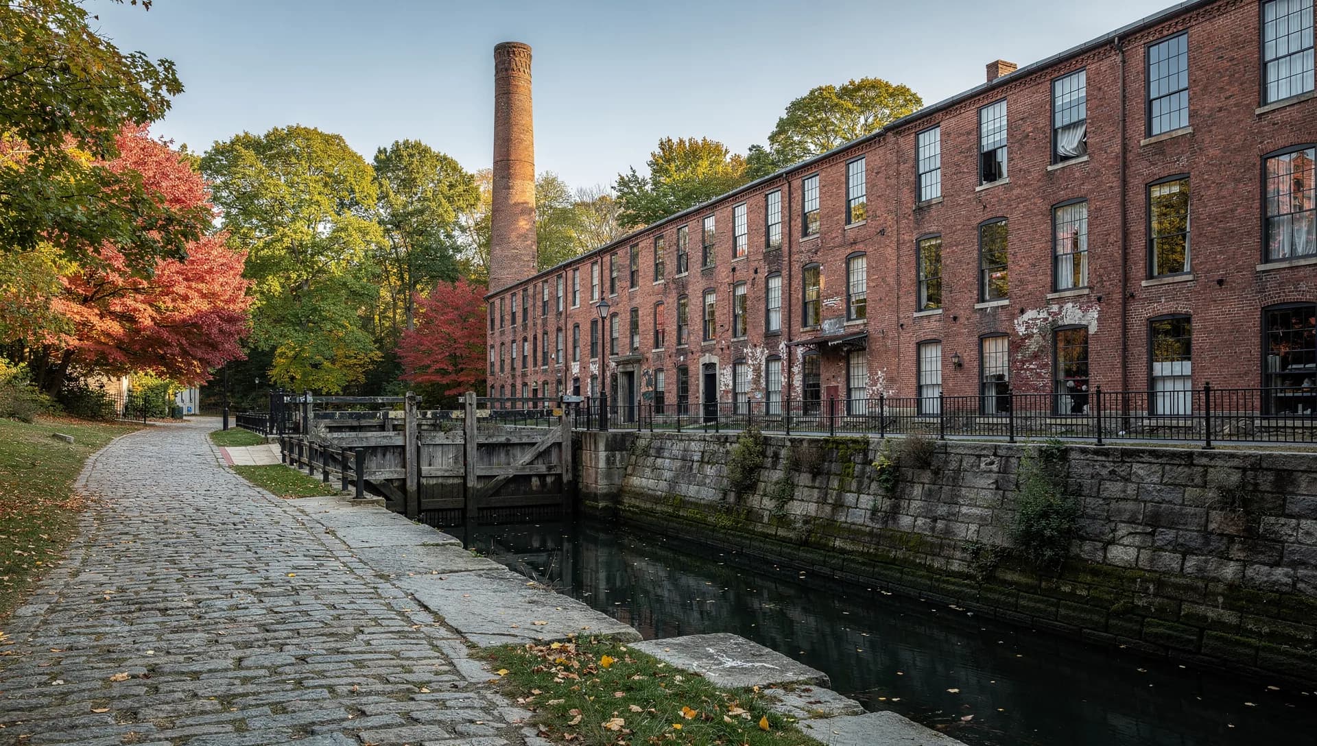 A cobbled towpath and a wooden lock gate run along a stone canal beside a long brick mill and its chimney.