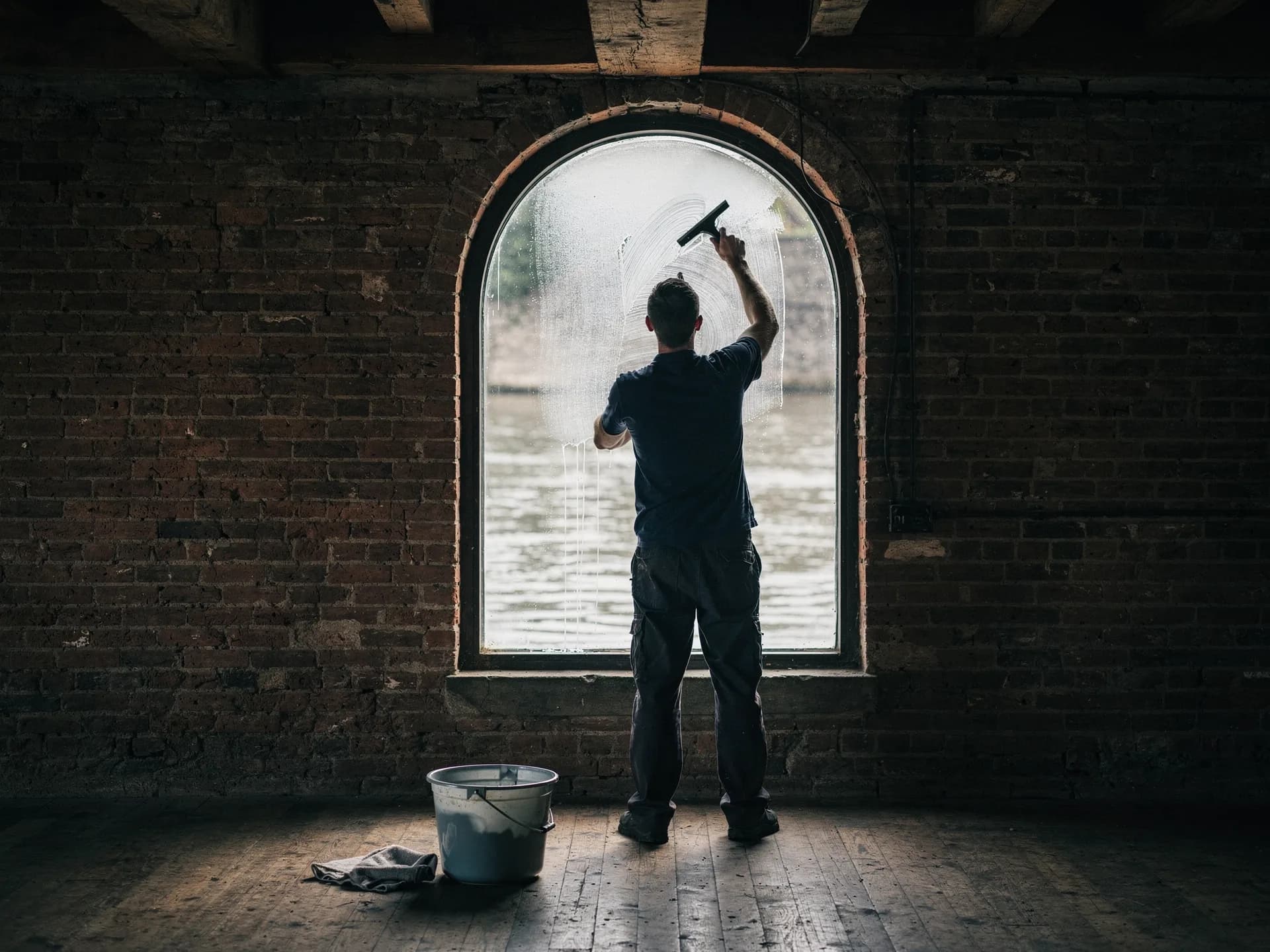 A window cleaner in a dark shirt draws a squeegee down a tall arched window in a brick mill room, a bucket and cloth on the plank floor and a river outside.