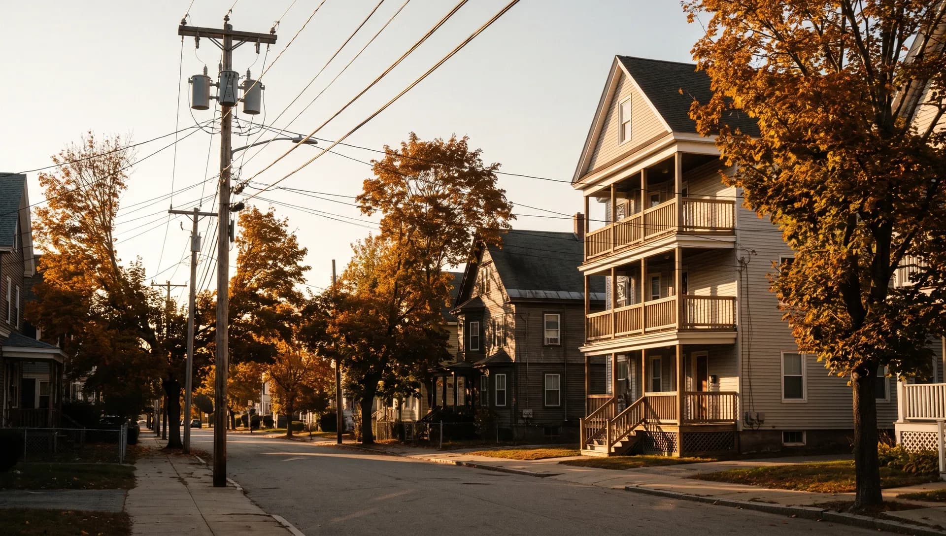 A street of three-storey wooden houses with stacked porches in low autumn sun, maples turning orange and a utility pole with transformers at the left.