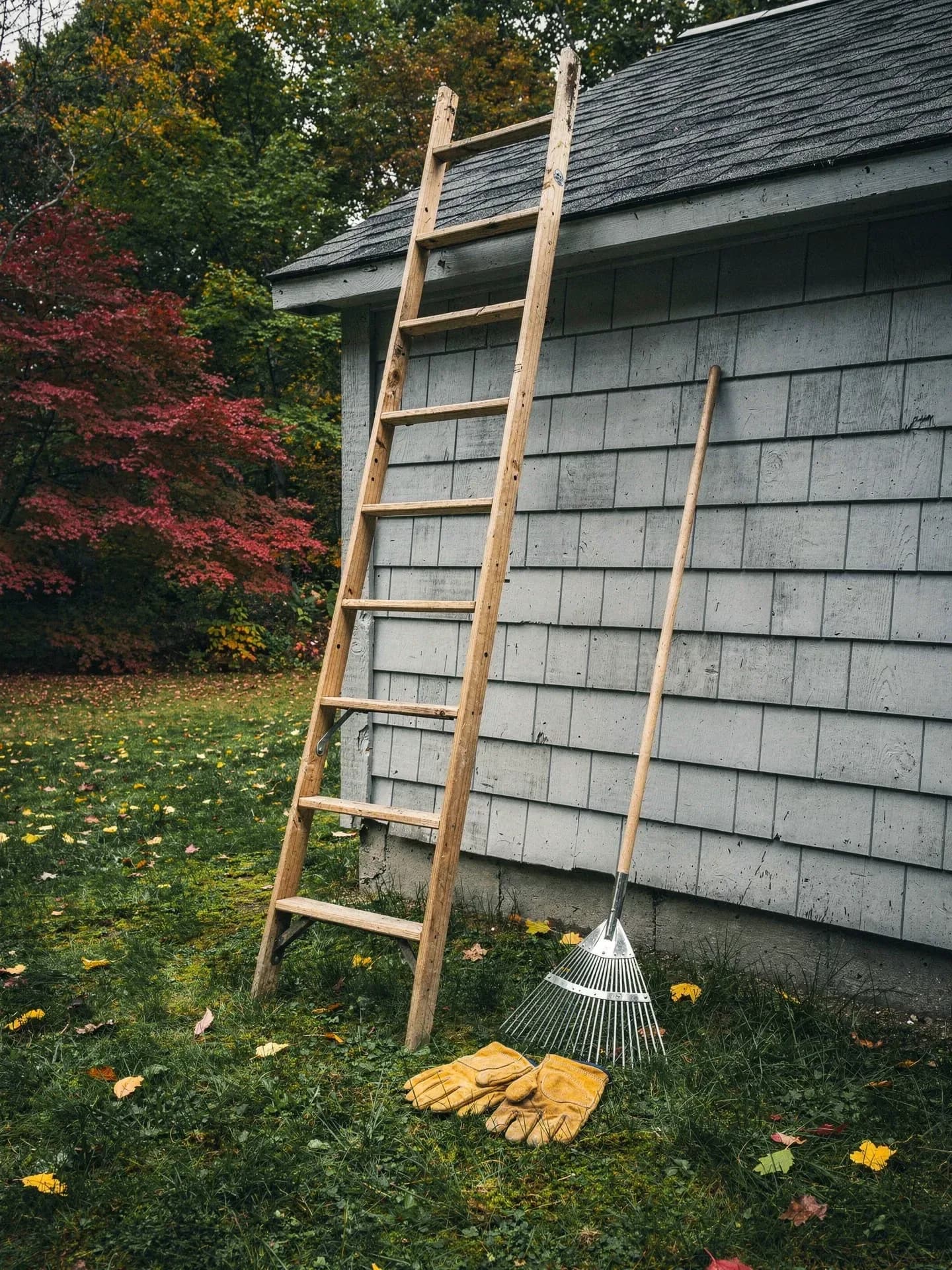 A wooden ladder leans against the eave of a grey-shingled garage, a leaf rake and a pair of leather work gloves on the grass at its foot.