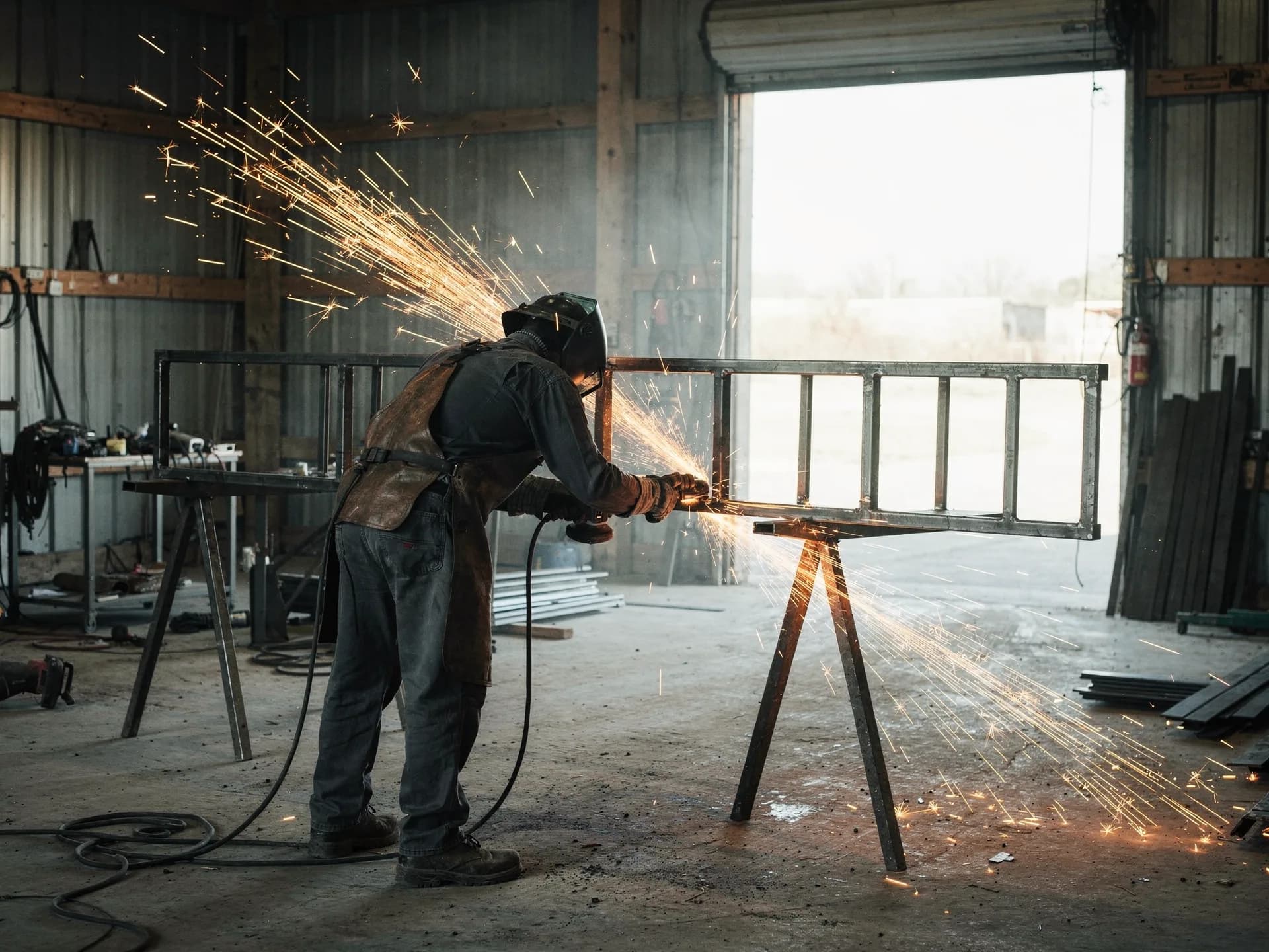 A metalworker in a welding helmet and leather apron grinds a steel gate frame on trestles, sparks flying toward an open bay door.