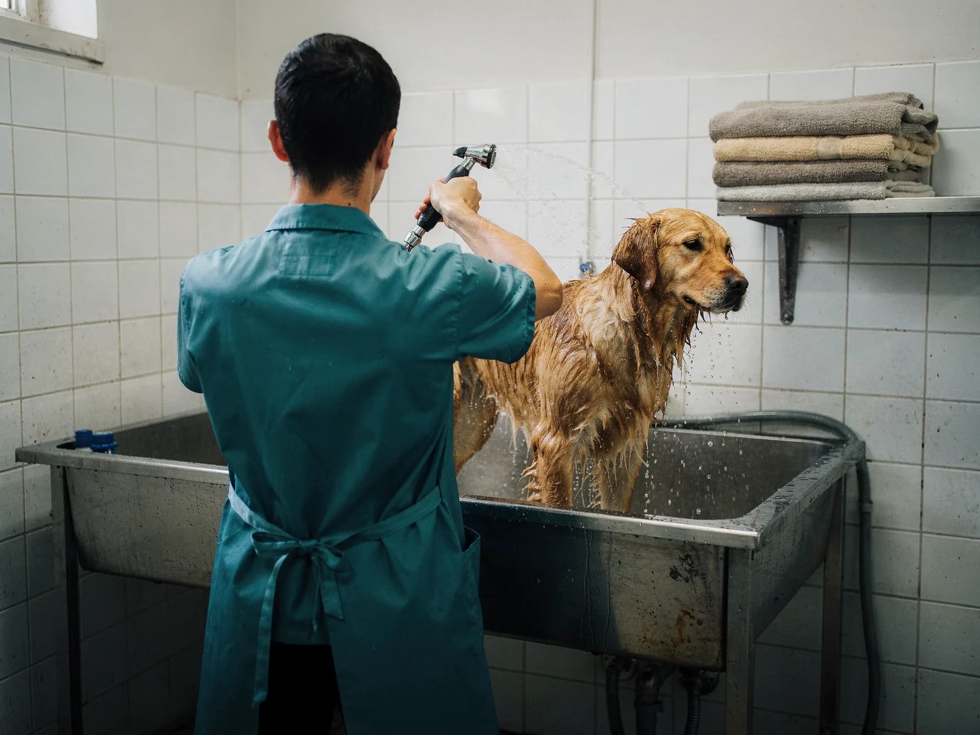 A dog groomer in a teal smock rinses a golden retriever standing in a raised steel tub with a hand sprayer, folded towels on a shelf.