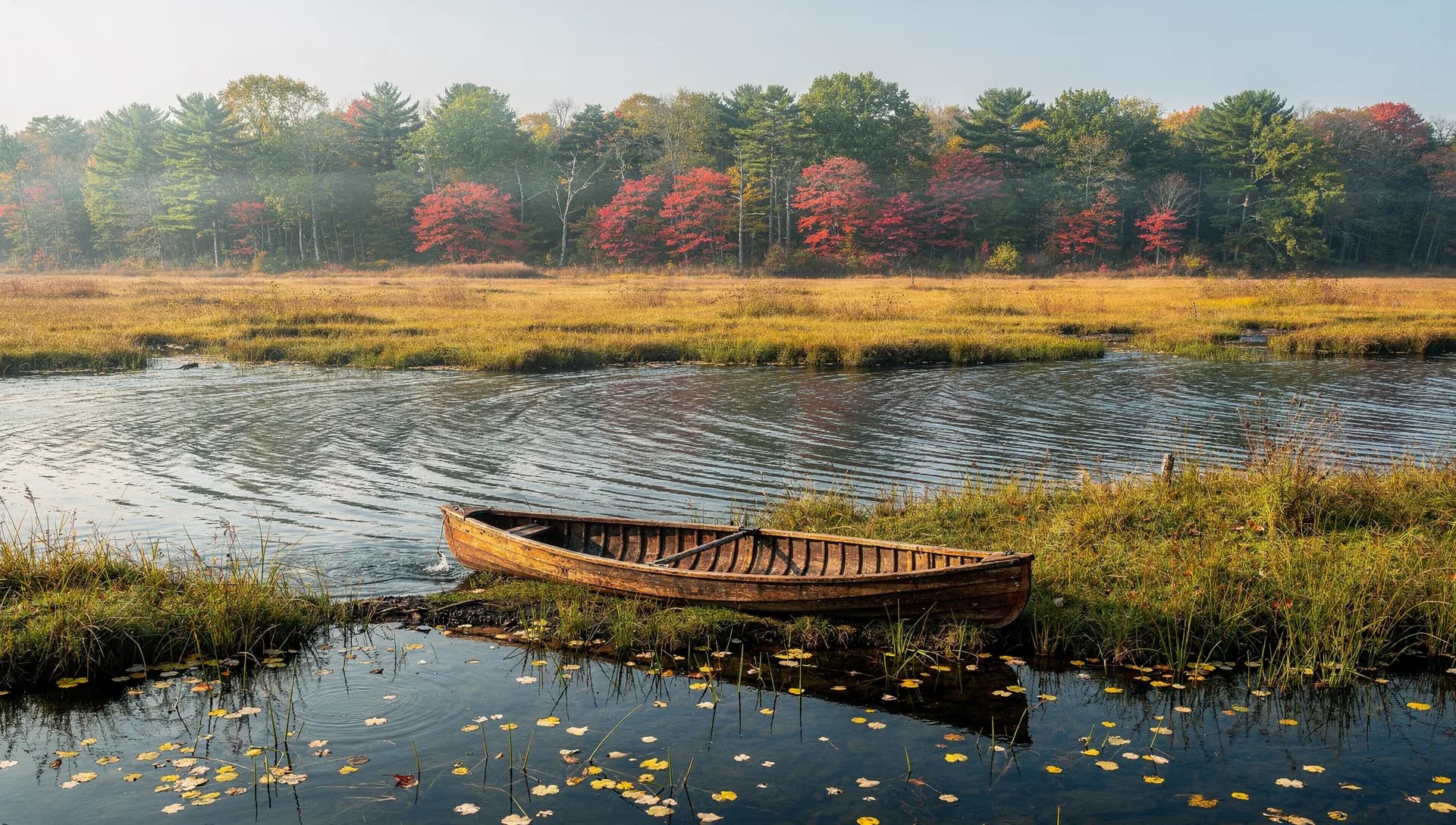A wooden rowboat rests on the grassy bank of a slow river winding through golden wetland meadow, red maples behind.