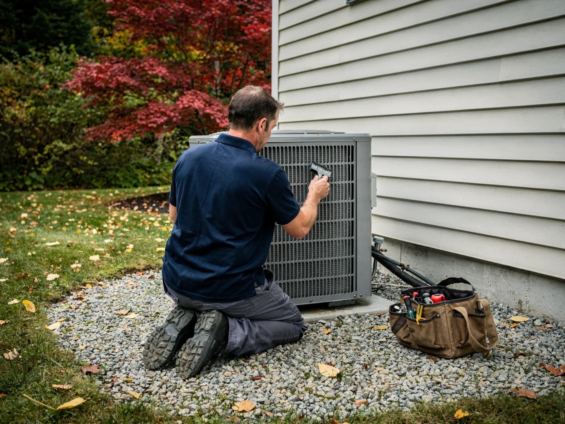 A technician in a navy shirt kneels to comb the fins of an outdoor condenser beside a grey-sided house, a canvas tool bag on the gravel.