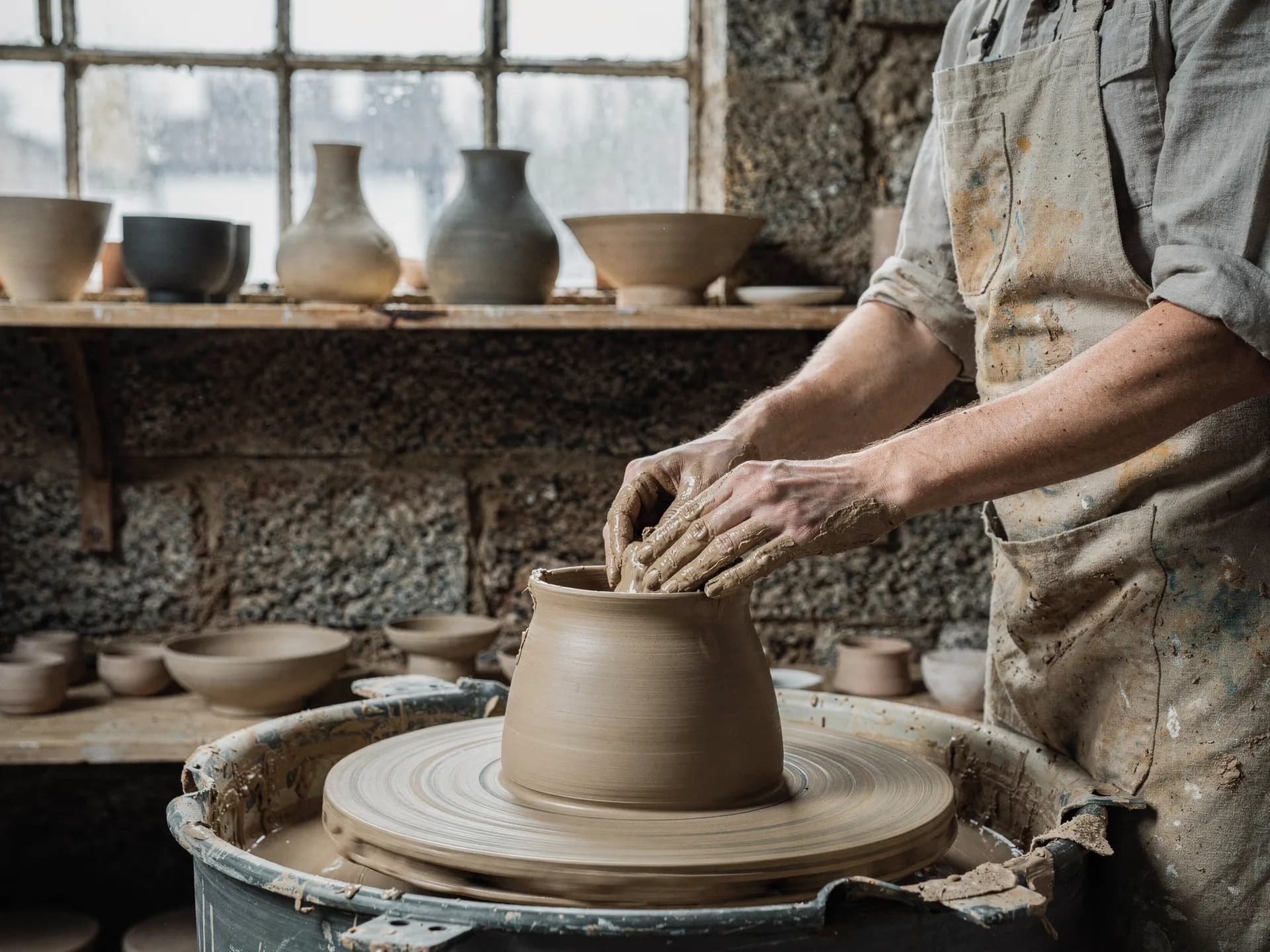 A potter in a clay-spattered apron shapes a wet pot on a wheel with both hands, bowls and jars drying on shelves along a granite wall under a mill window.