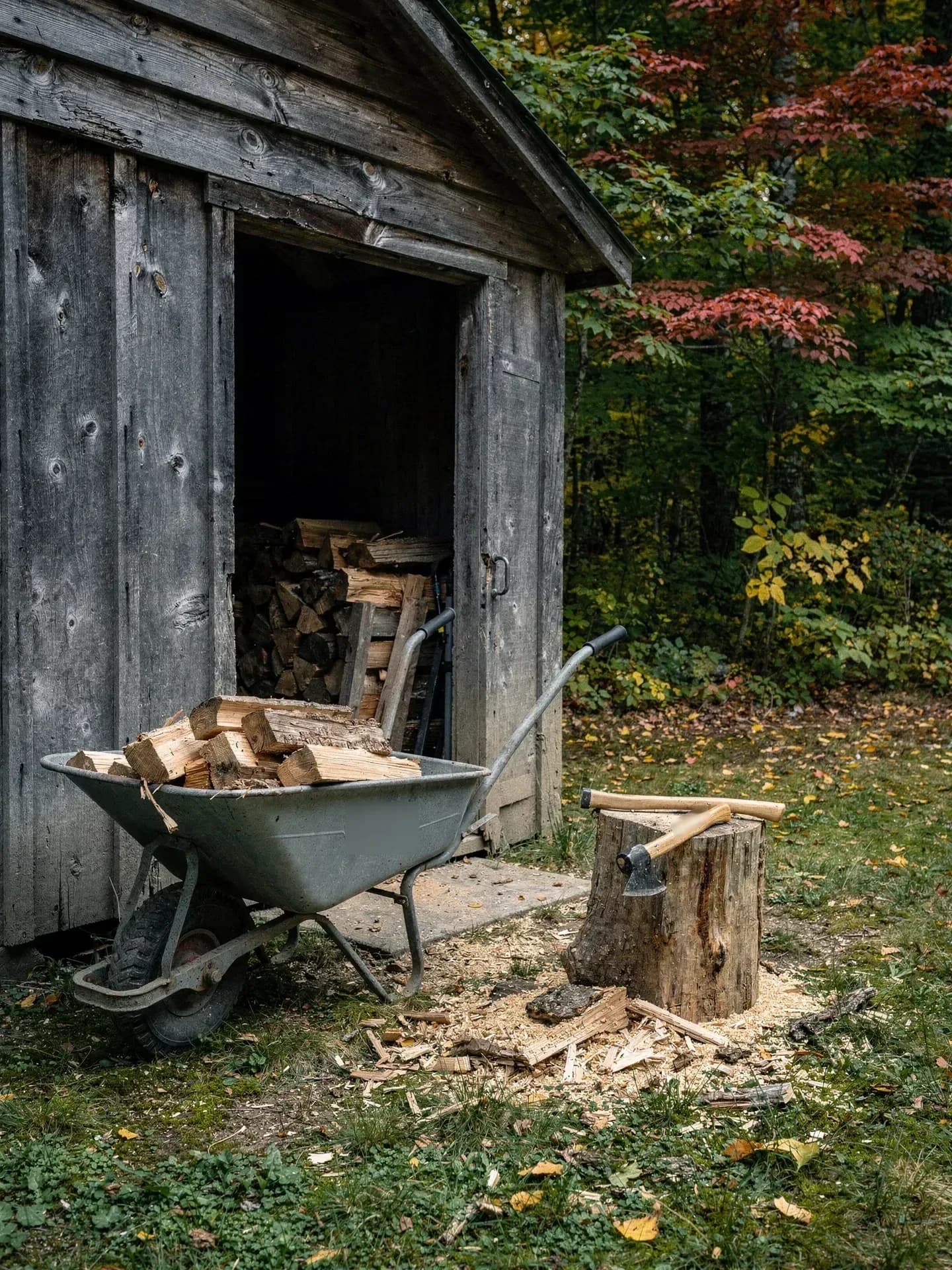A steel wheelbarrow of split kindling stands at the open door of a weathered woodshed, a hatchet resting on the chopping block among wood chips.