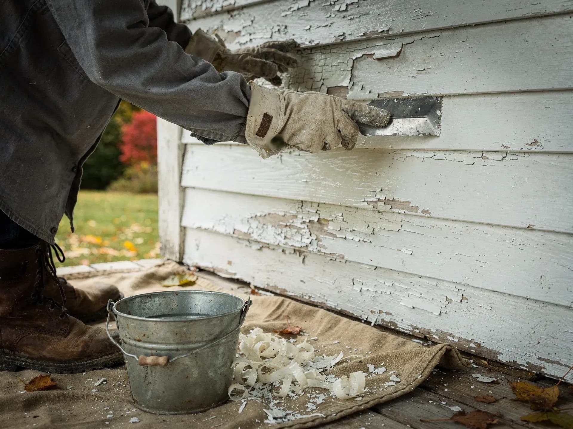 A house painter in a grey work shirt and canvas gloves draws a wide scraper along peeling white clapboards, curls of old paint and a steel bucket on a drop cloth at his boots.