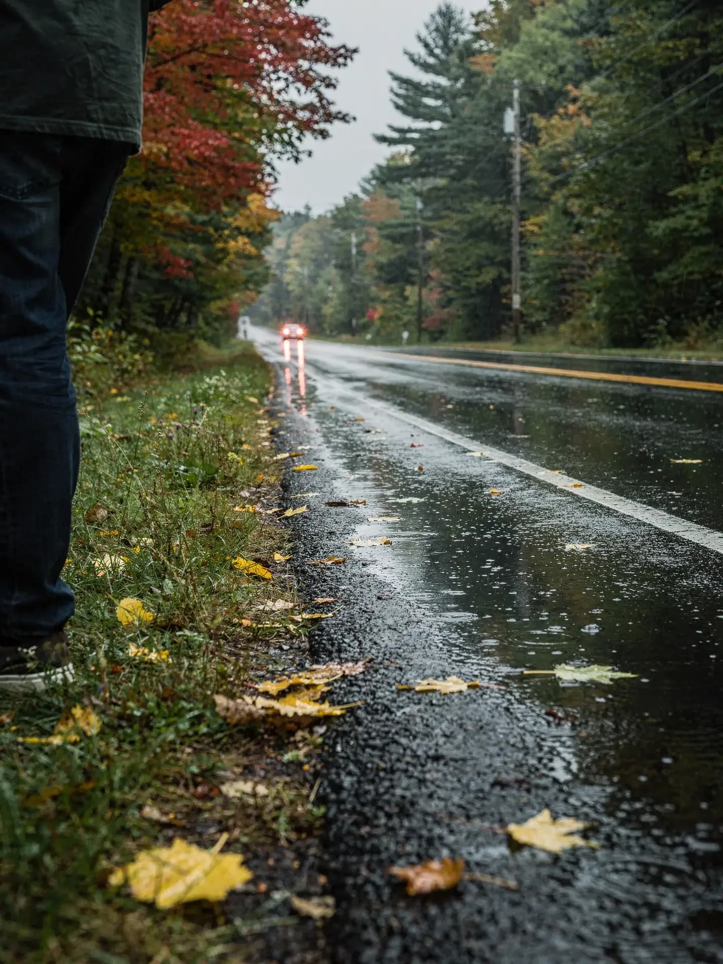 A person stands on a grassy shoulder beside a rain-wet road as a car's headlights approach in the distance.
