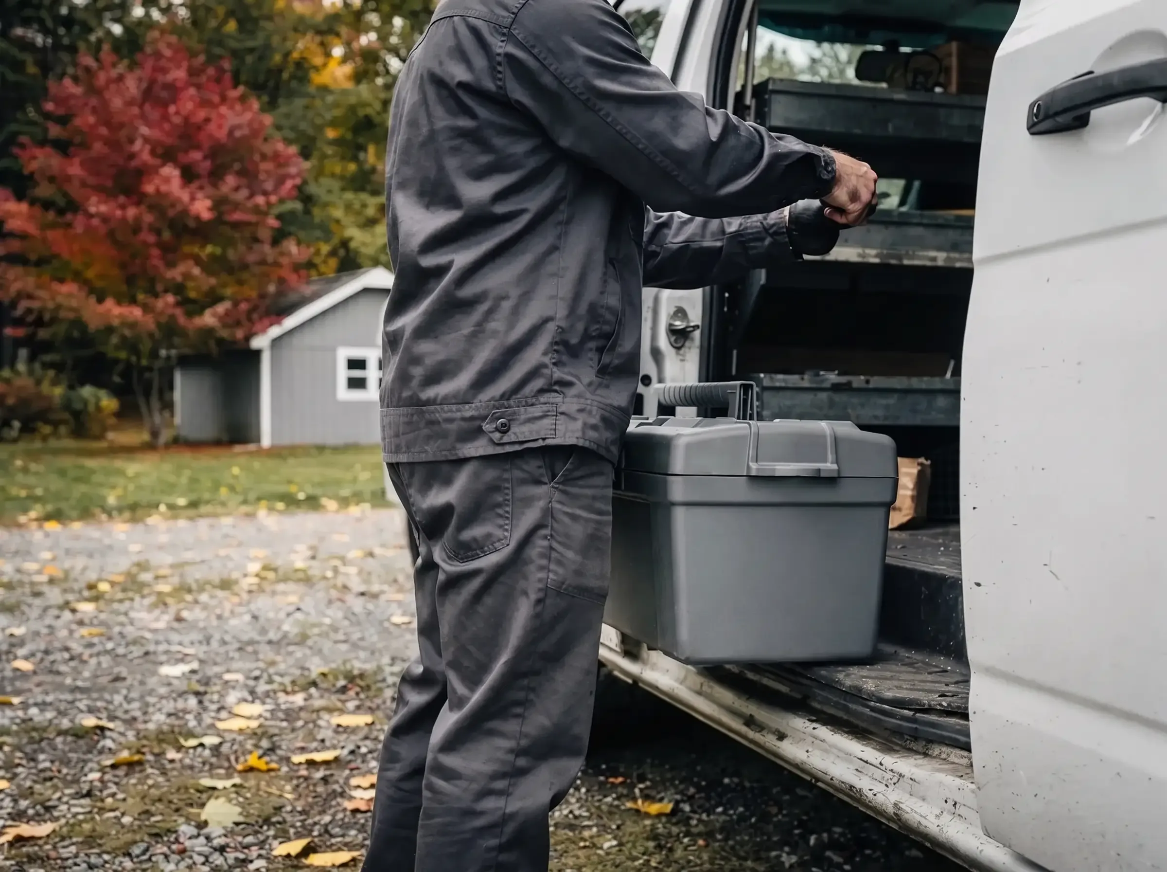 A worker in a grey uniform reaches into the open side door of a white work van, a grey toolbox on the step beside him.