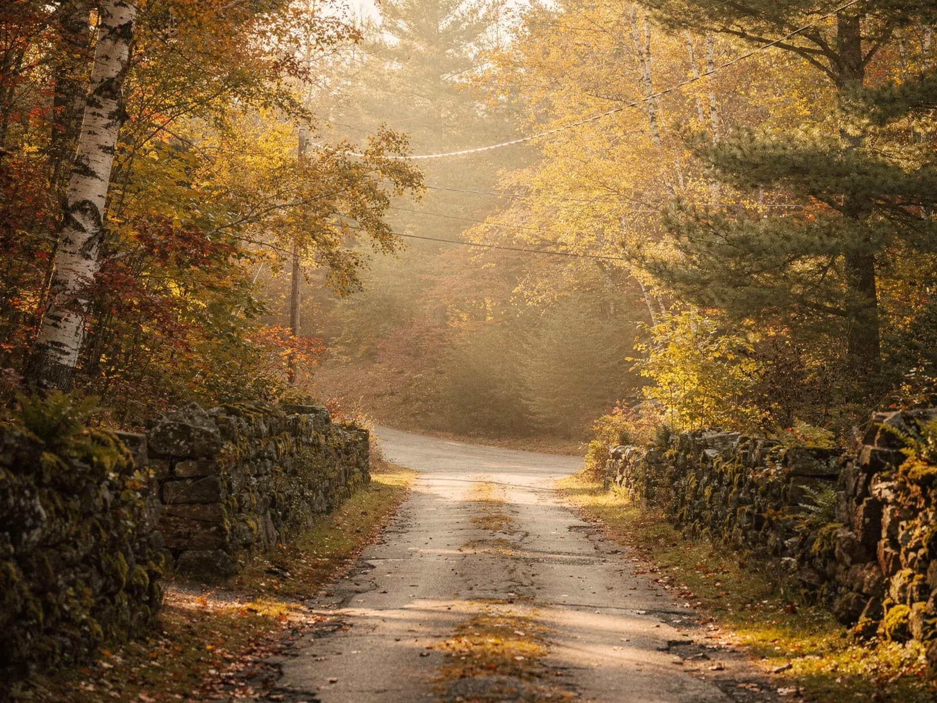 A narrow cracked lane runs between mossy fieldstone walls under birches and pines, morning mist glowing in the autumn trees ahead.