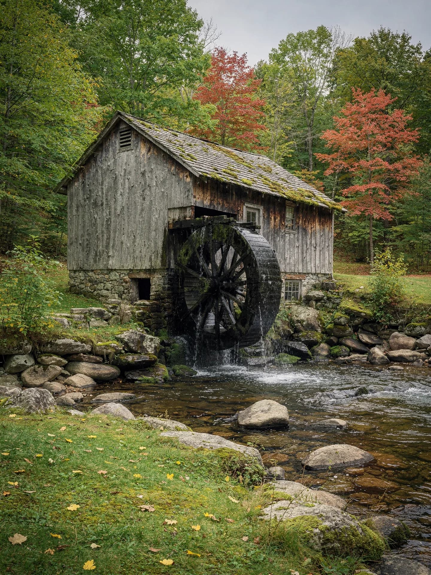 A small weathered wooden mill with a turning water wheel stands beside a stony stream in the woods.