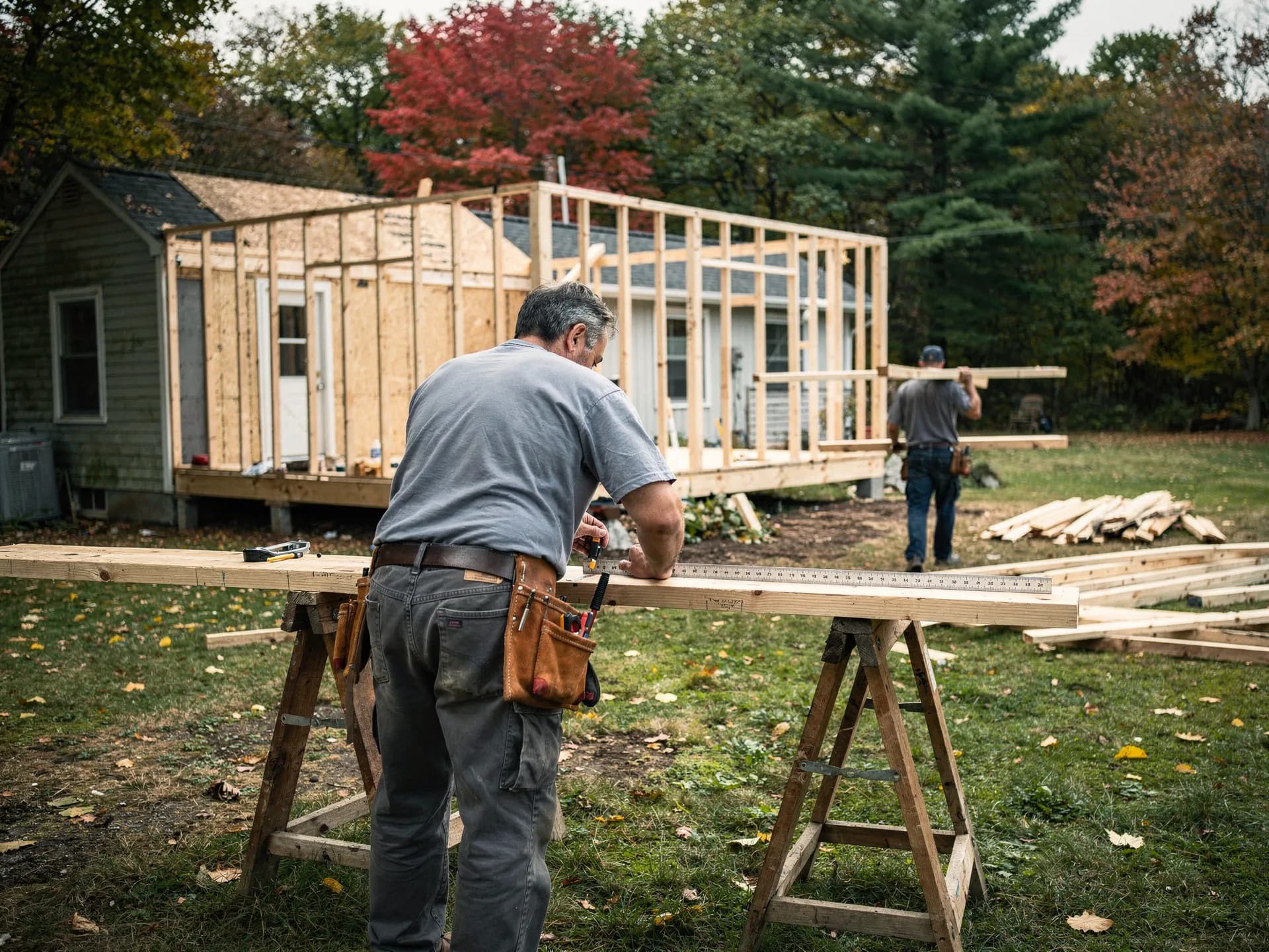 A carpenter in a tool belt marks a board on sawhorses against a steel rule while a helper carries lumber toward a half-framed addition.