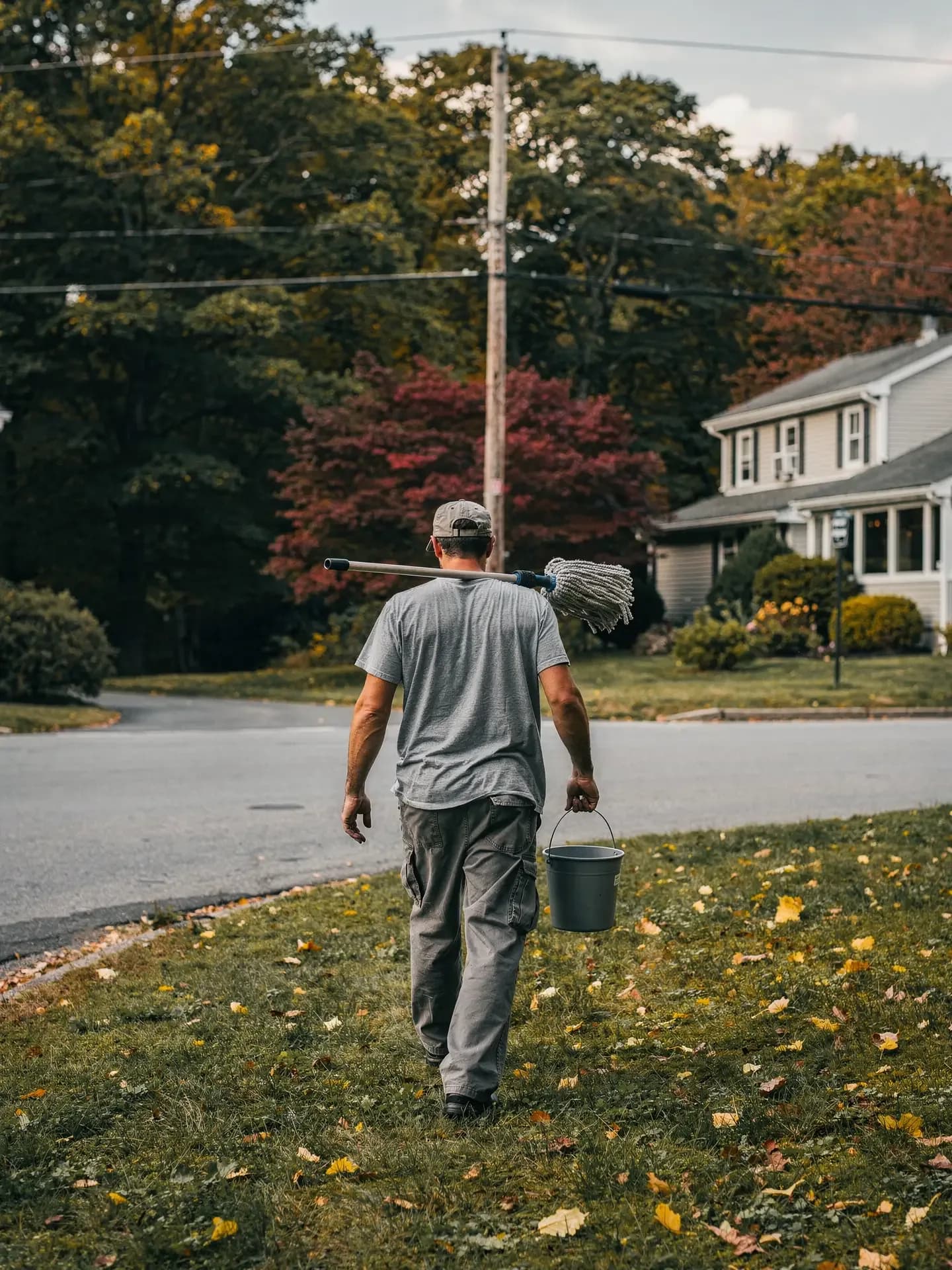 A man with a mop over his shoulder and a bucket in hand crosses a leaf-strewn lawn toward a quiet residential street.