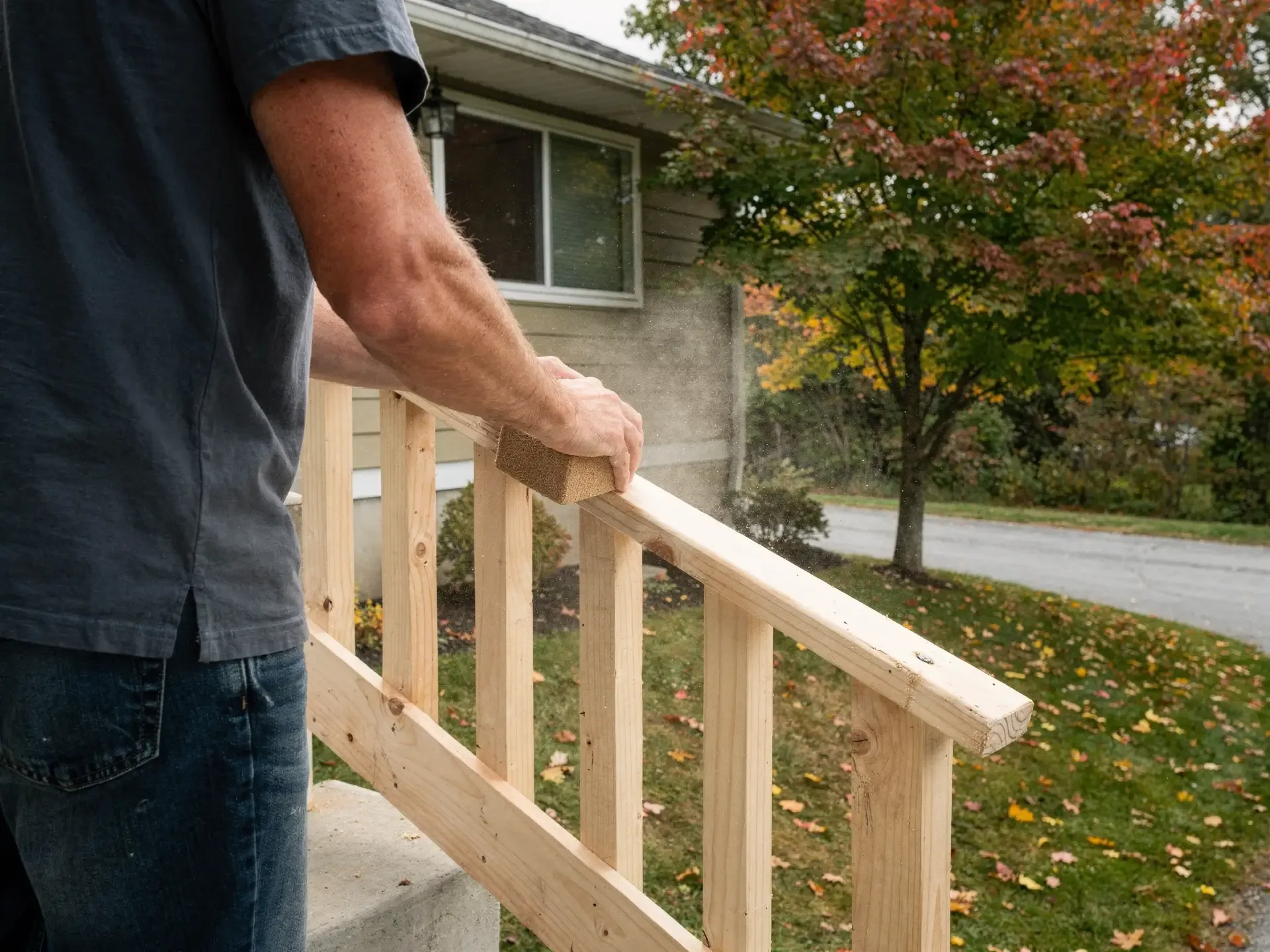 A man sands a new pine stair handrail outside a ranch house, a maple turning red over the lawn.