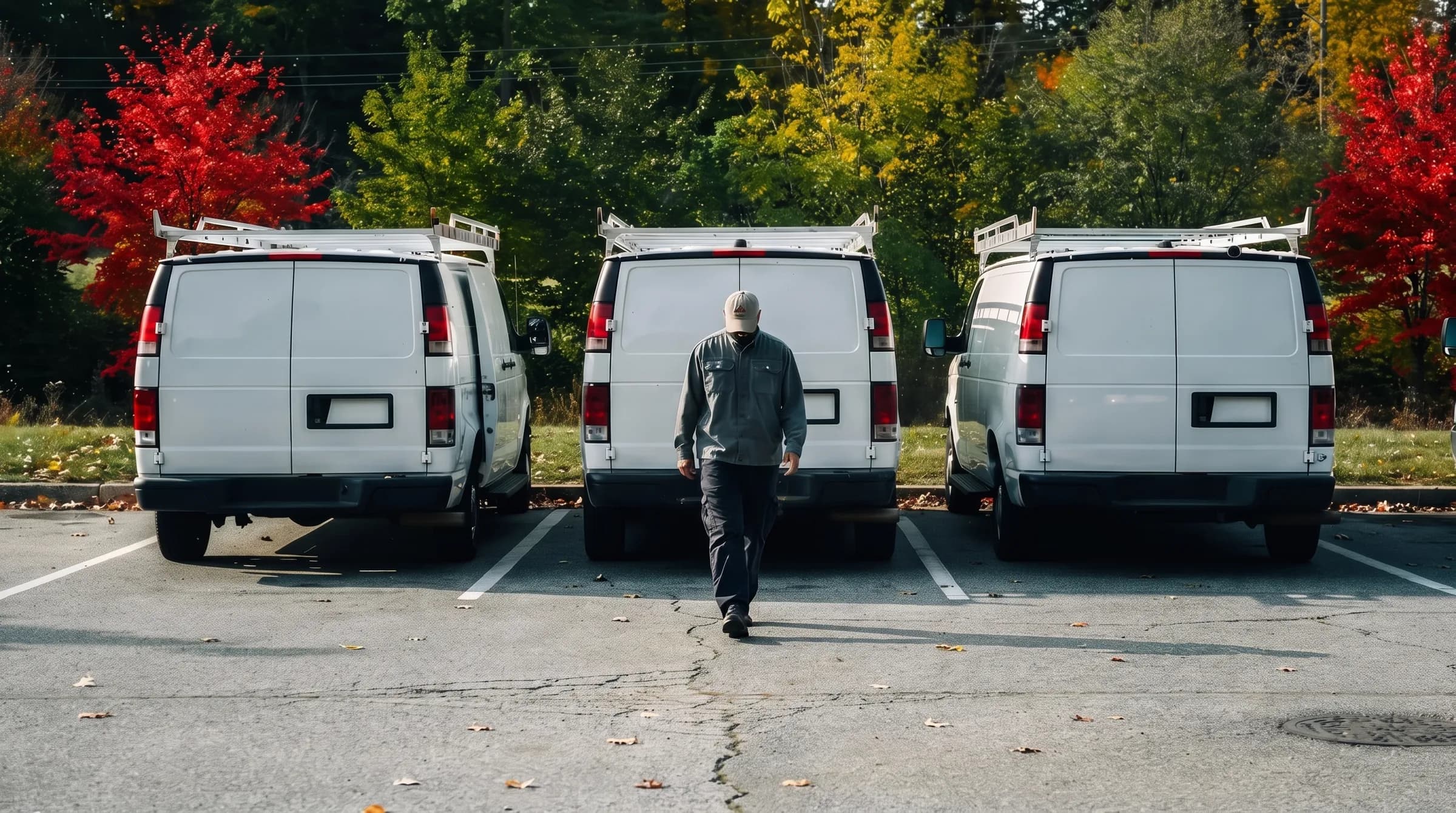 Three plain white work vans with ladder racks sit backed into a parking lot as a worker walks out between them.