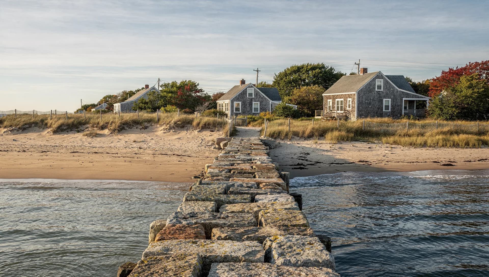 A jetty of granite blocks runs from the water up to a beach, with shingled cottages and a dune fence above the sand.