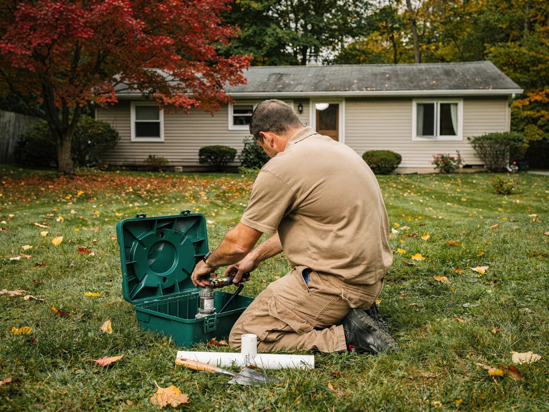 A technician in a tan work shirt kneels on a front lawn fitting a valve over an open green case, a trowel and white pipe on the grass and a ranch house behind.