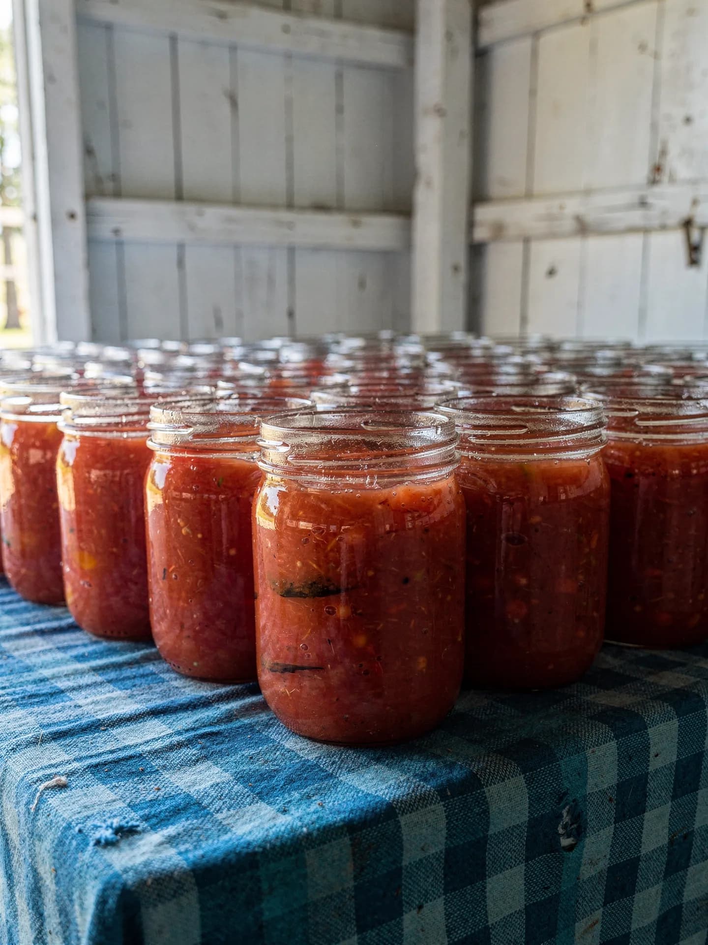 Rows of glass jars of red preserves stand on a table covered in blue gingham cloth inside a white-painted barn.