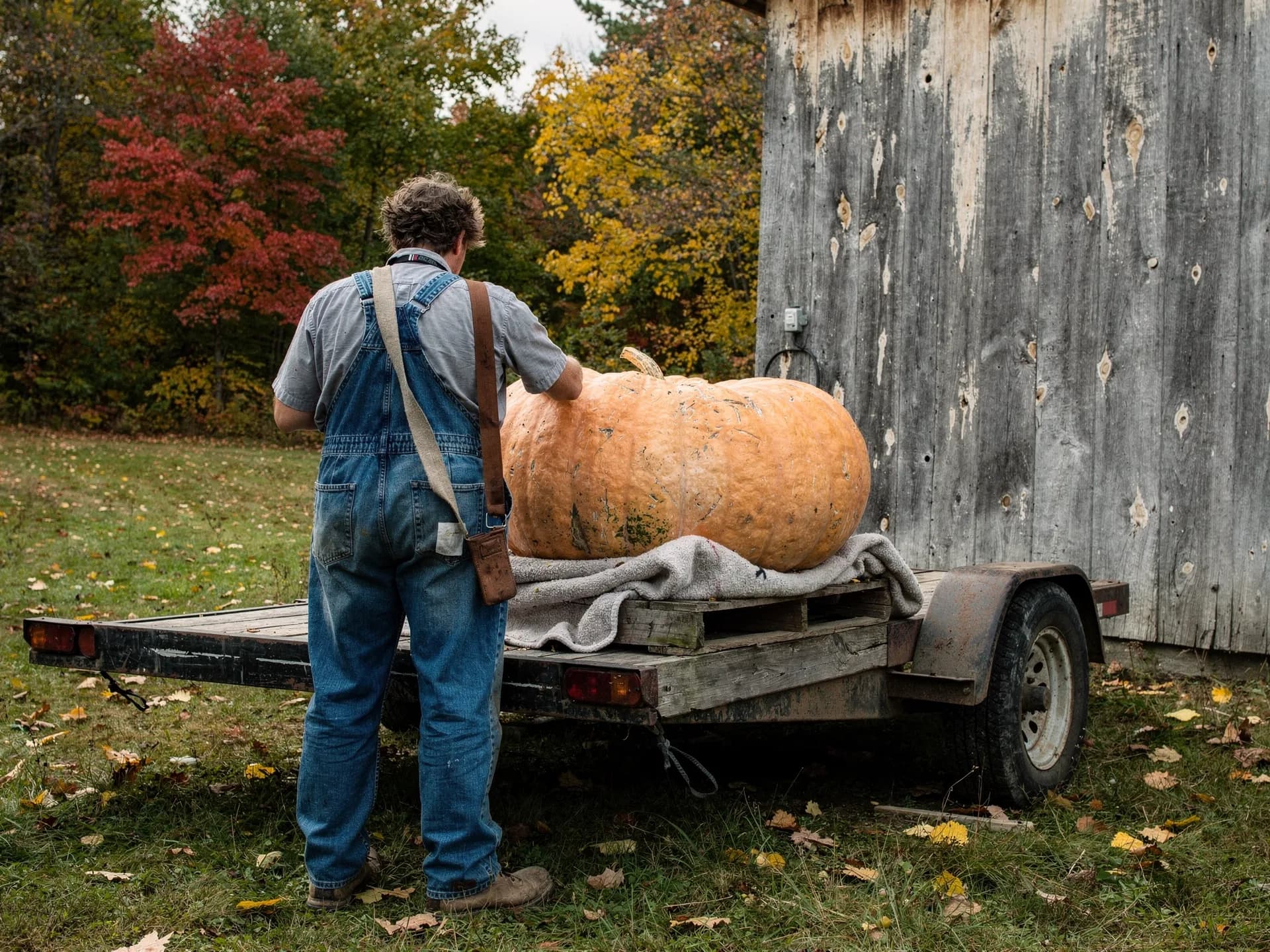 A grower in denim overalls steadies a giant pale orange pumpkin on a pallet on a flat trailer beside a weathered barn.