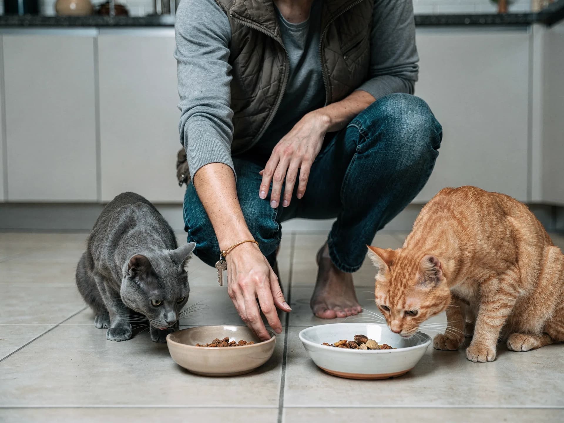 A pet sitter in a quilted vest crouches on a tiled kitchen floor setting down bowls of food for a grey cat and a ginger cat, a key on a cord at the wrist.