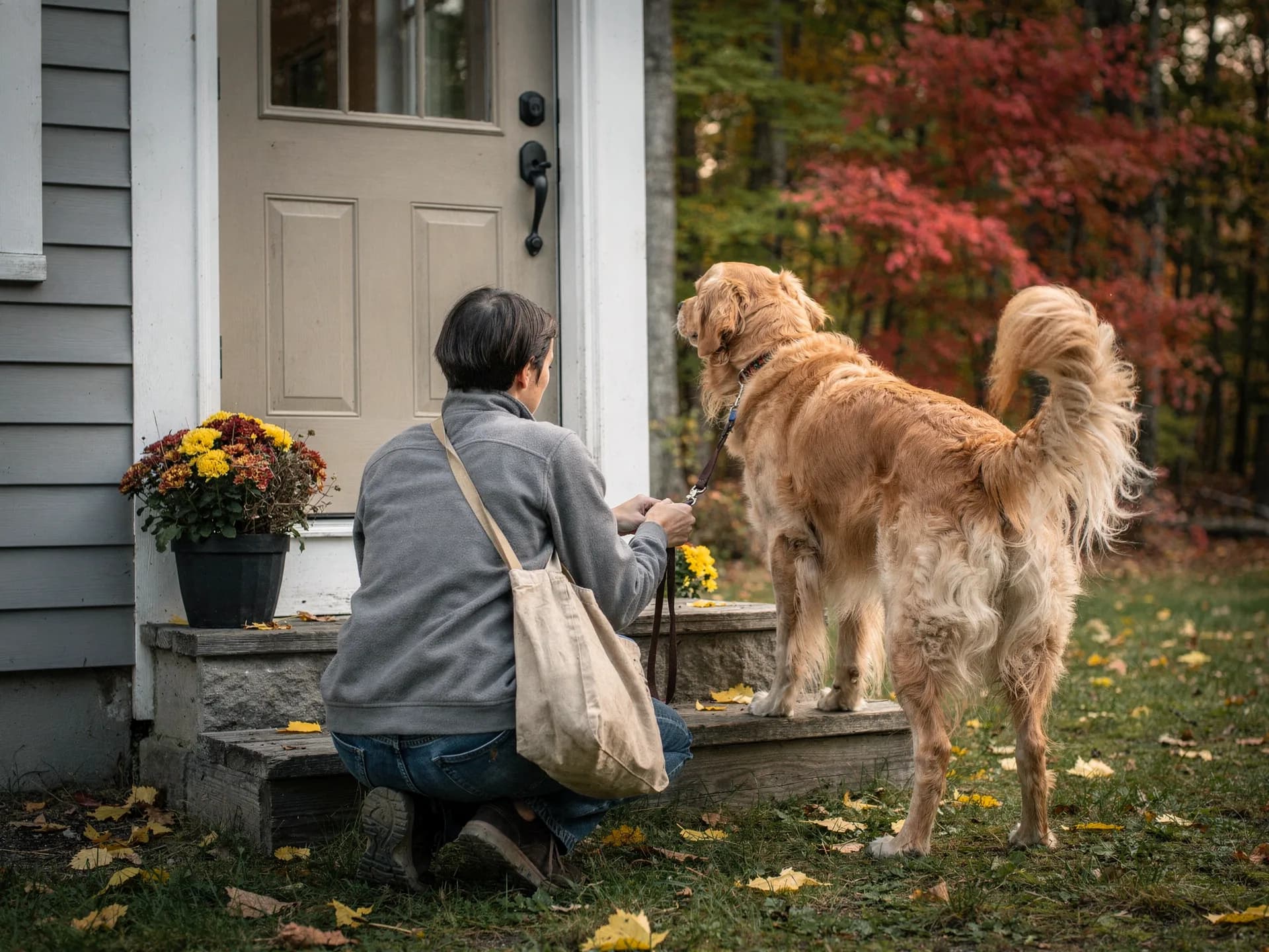 A pet sitter in a grey fleece crouches at a front step to clip a lead onto a golden retriever, potted mums beside the door.