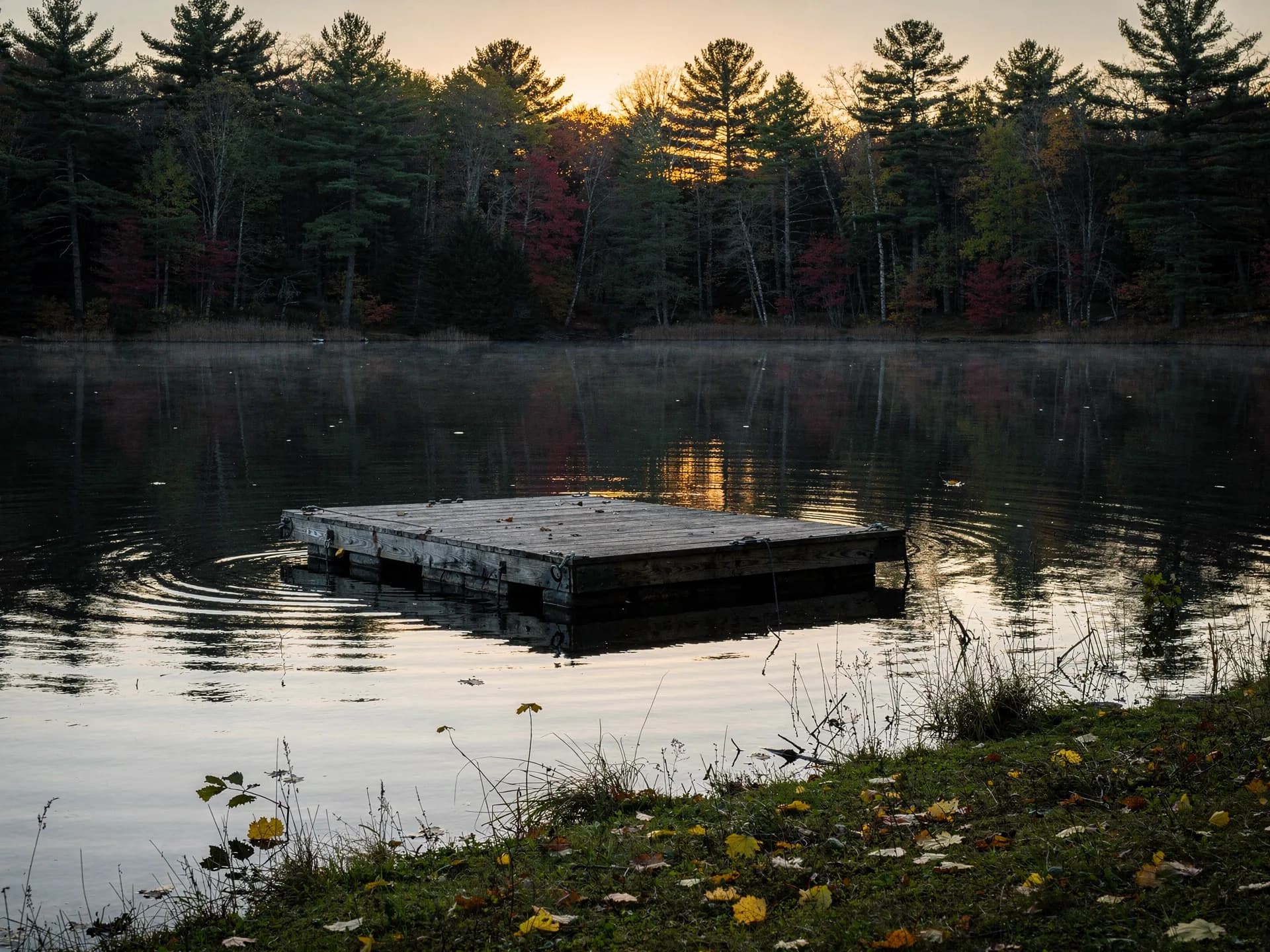 A wooden swim raft floats on a calm pond at dusk, pines dark along the far shore.