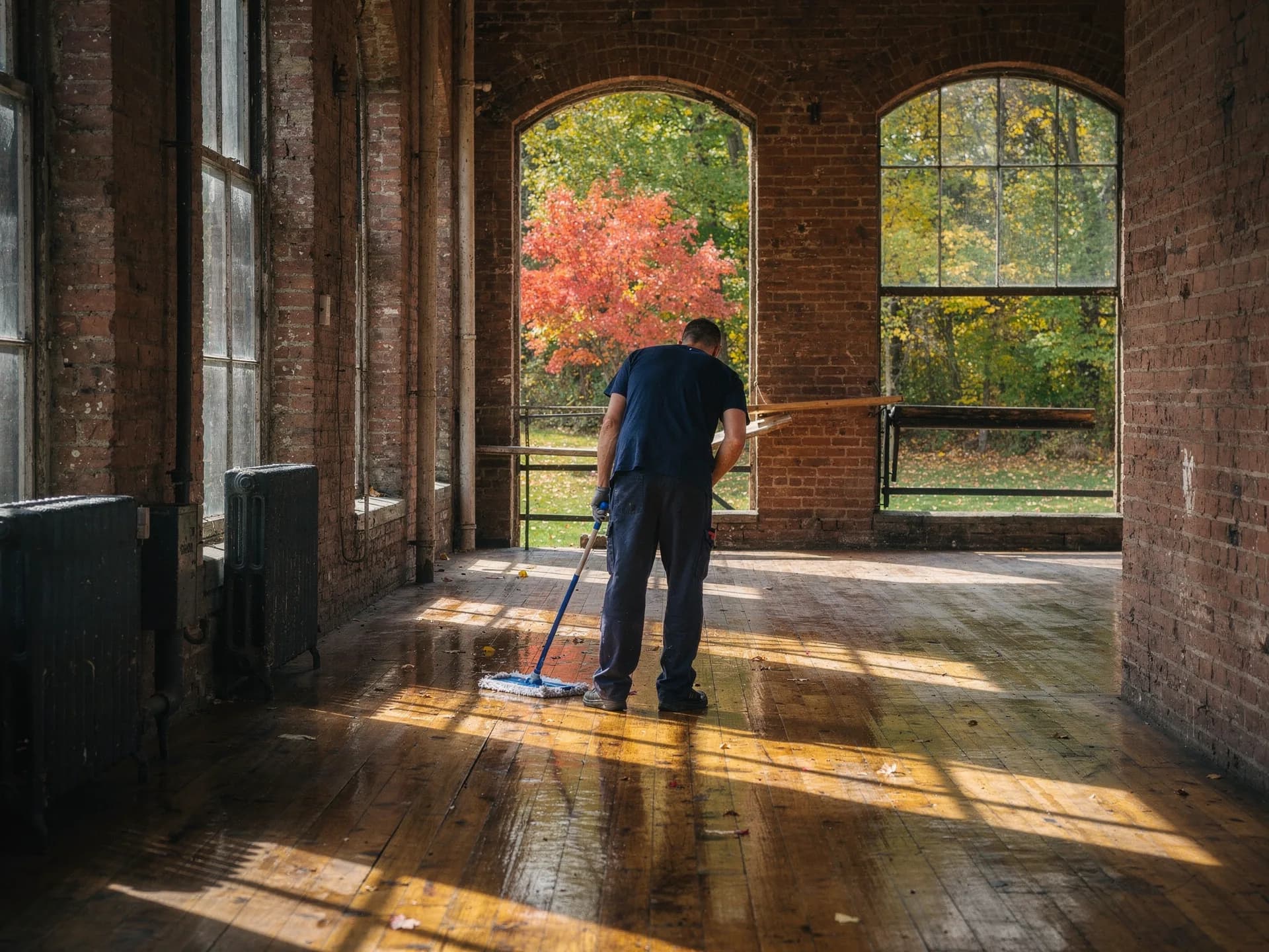 A cleaner mops the wide plank floor of an old brick mill hall, sunlight falling through tall arched windows.
