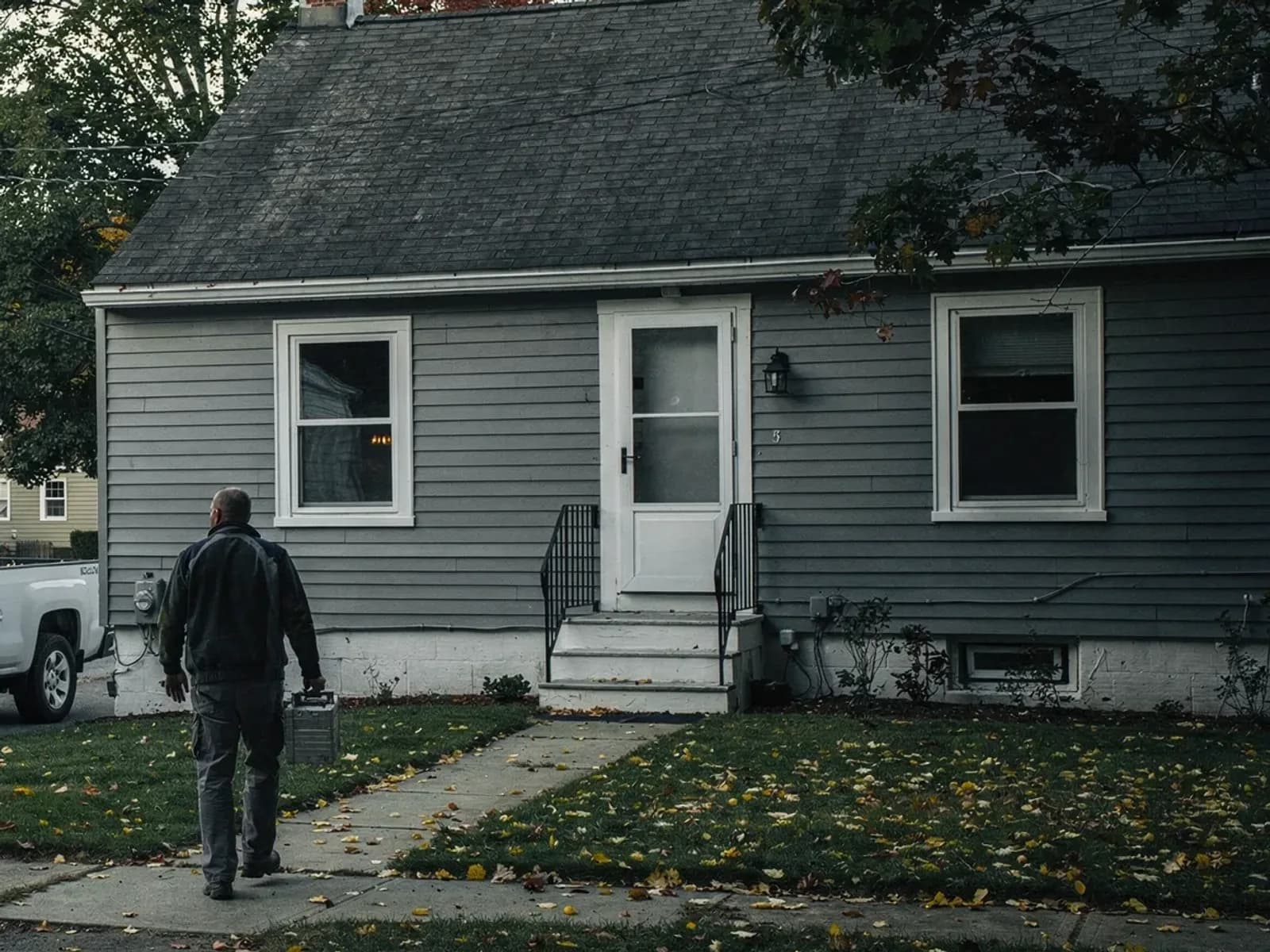A tradesman carrying a steel toolbox walks up the front path of a grey cape house, a white pickup at the curb.