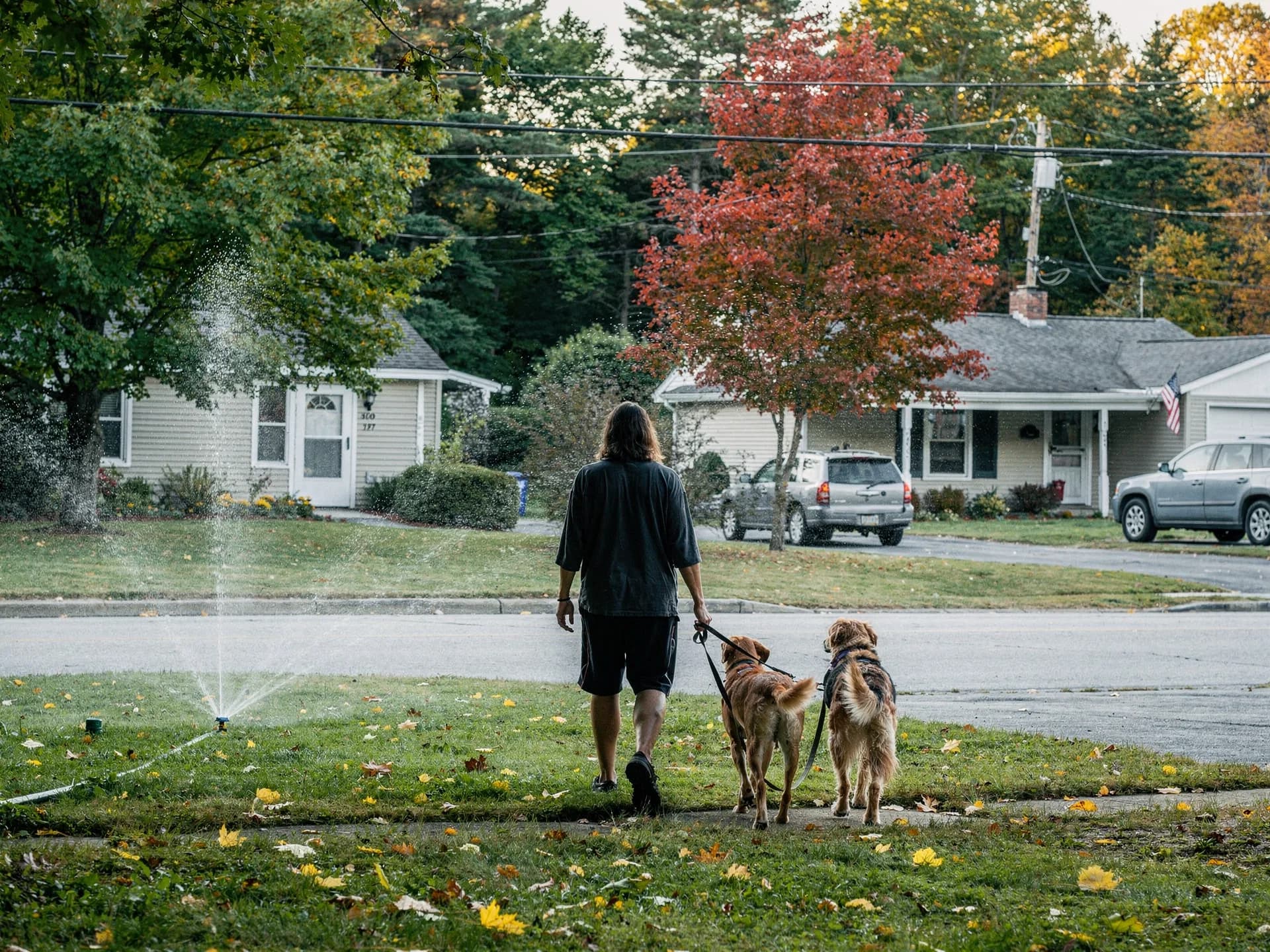 A dog walker with two dogs passes a lawn sprinkler on a quiet street of ranch houses.